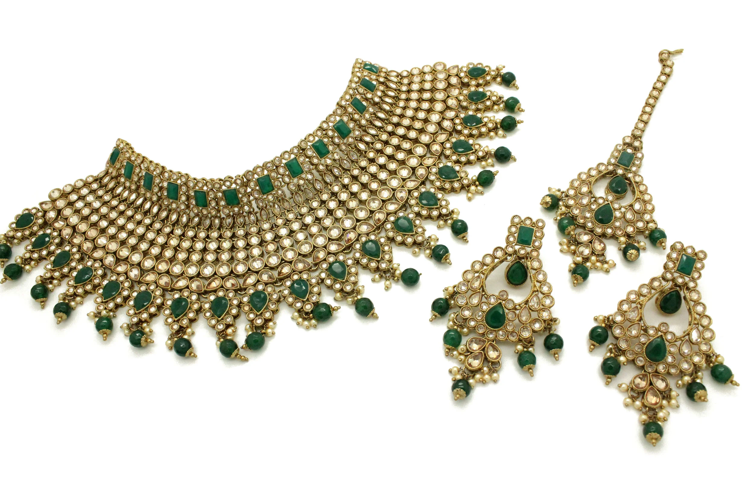Green Antique Gold 'DILBAR' Necklace Jewellery Set