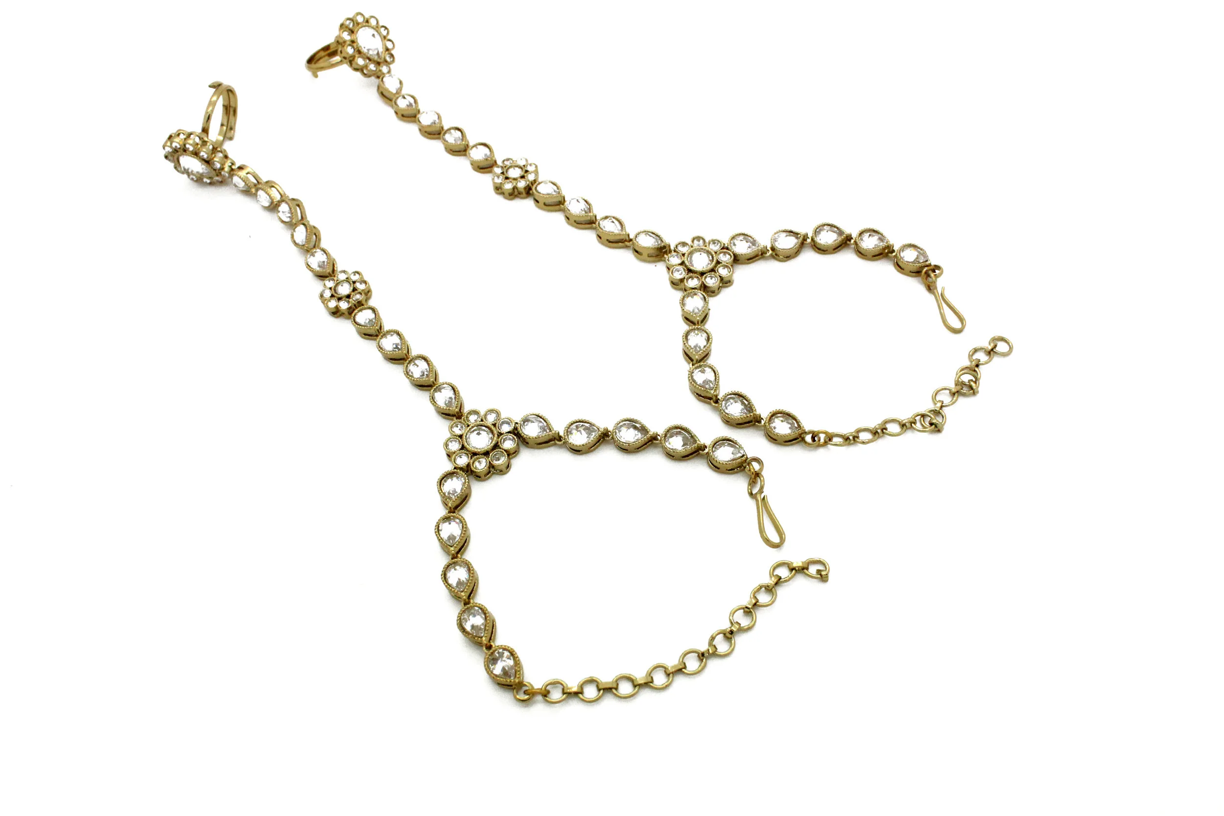 Pair of Gold Silver 'DEVIANA' Kundan Hand Piece Panja Bracelets