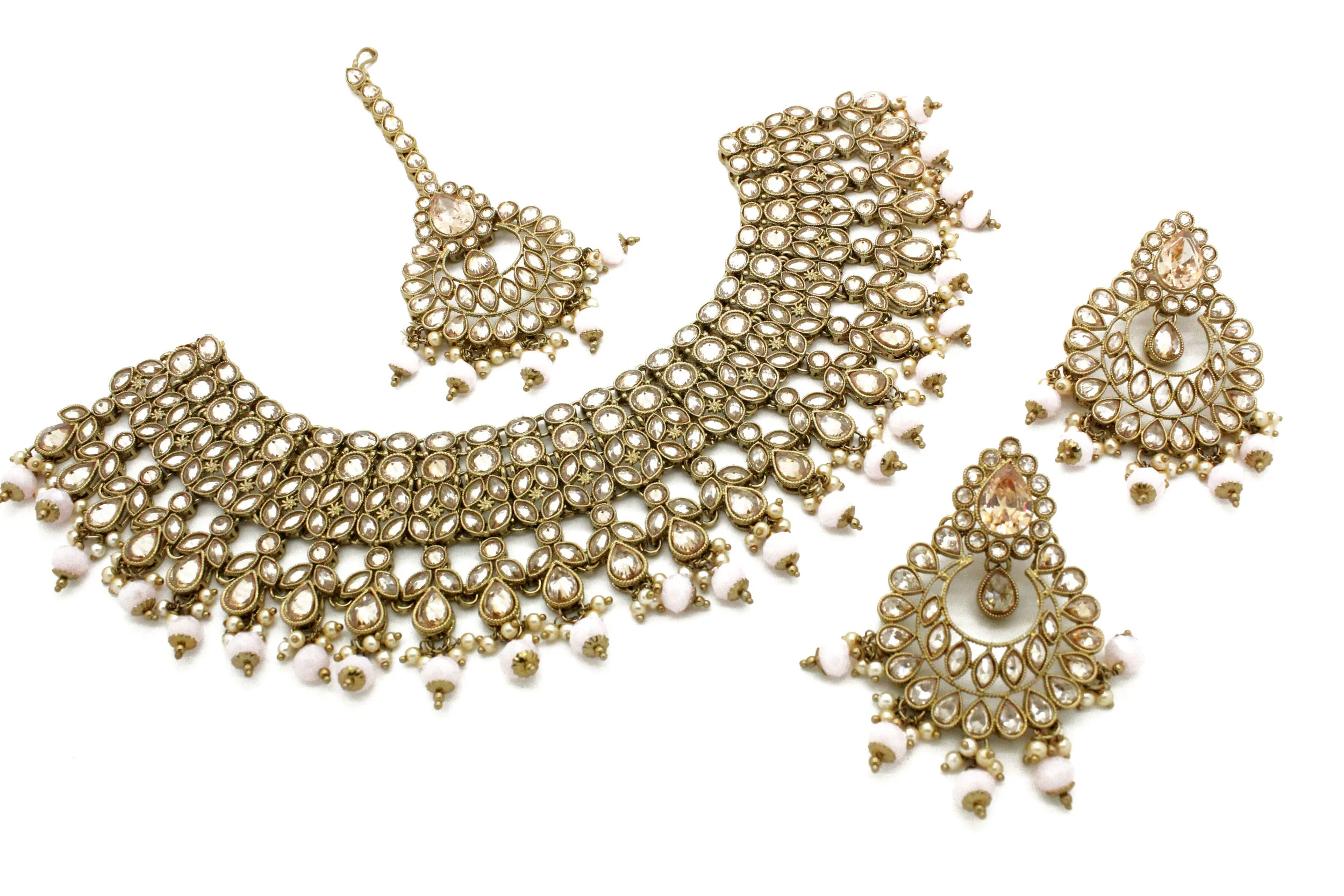 Baby Pink Antique Gold Kundan Stone Necklace Jewellery Jewelry Bridal Set 
