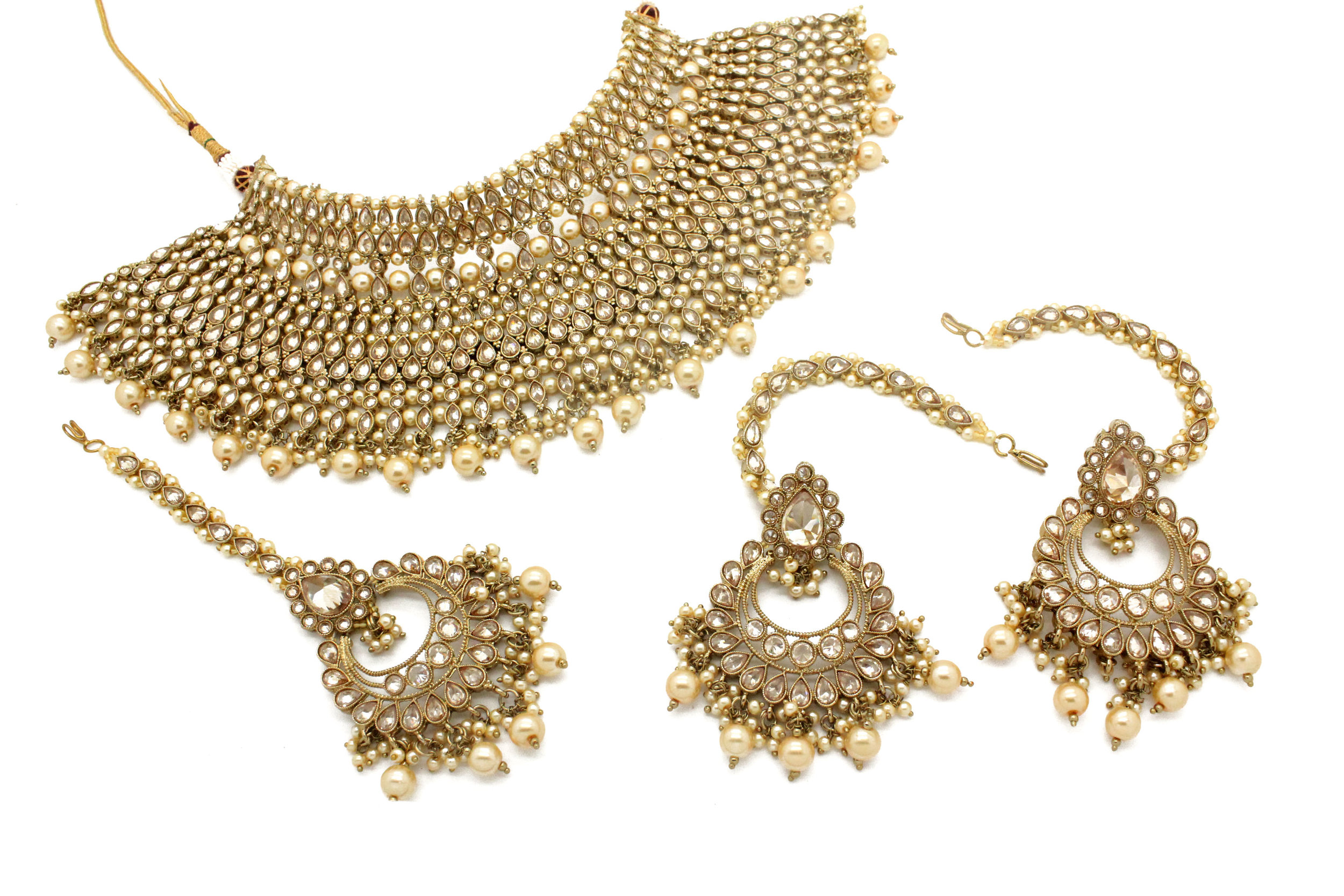 Heavy Antique Gold Statement Indian Asian Bridal Necklace Jewellery Jewelry Set Wedding 