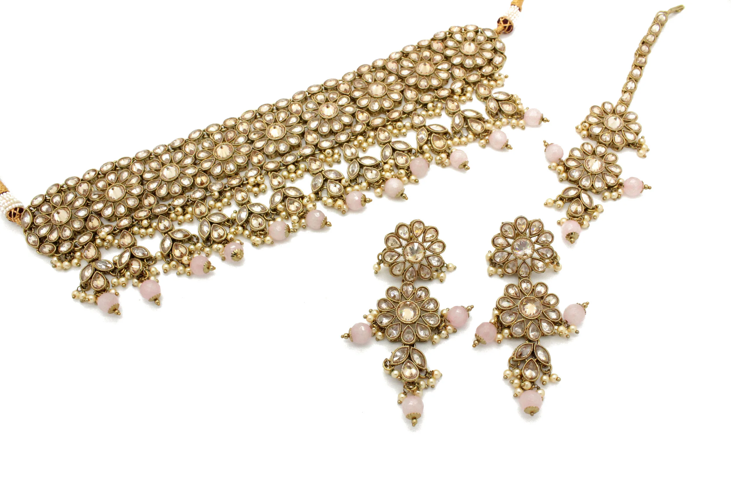 Baby Pink Antique Gold 'NISHANI' Choker Necklace Jewellery Set