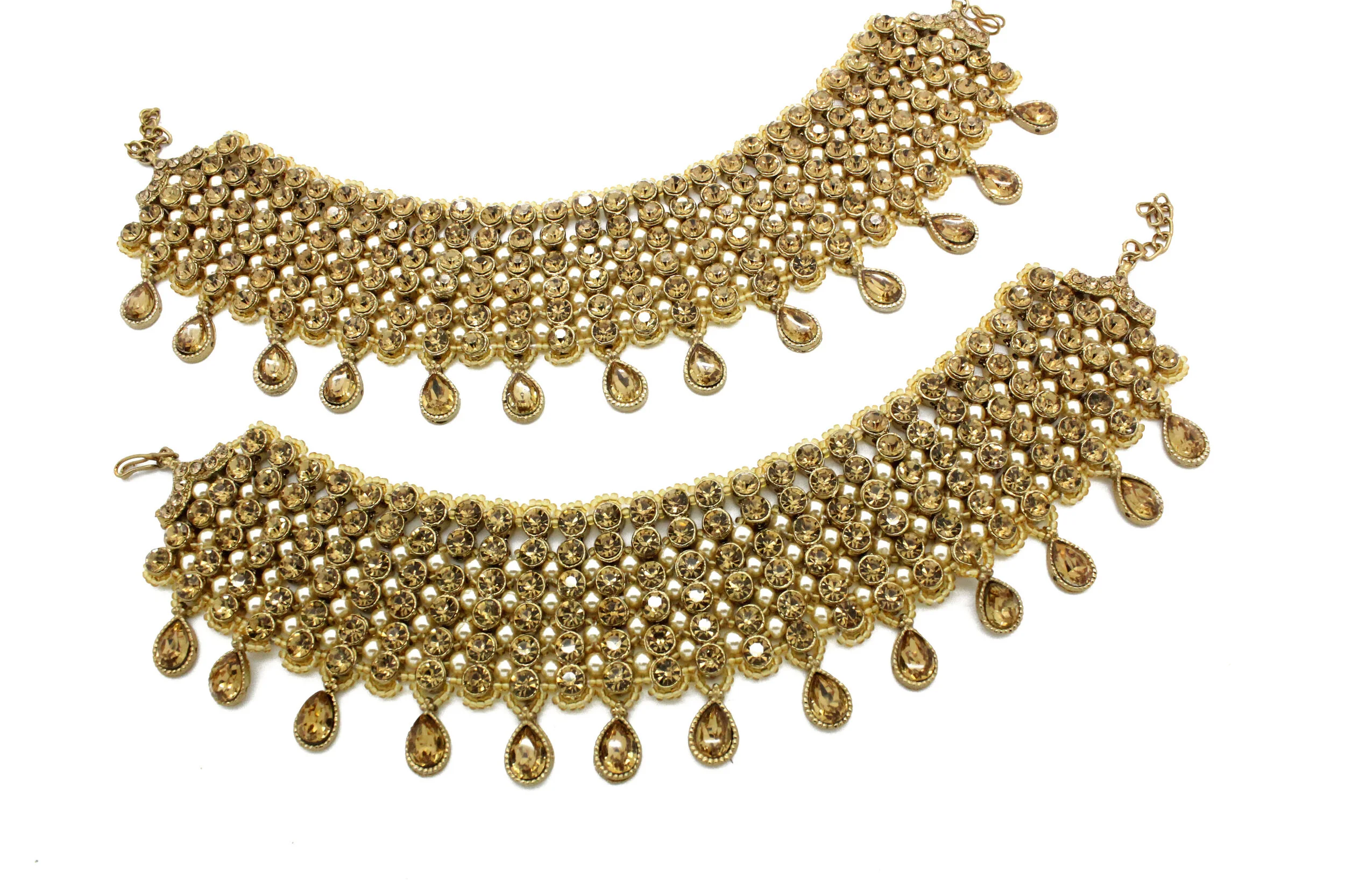 Antique Gold Statement Kundan Stone Bridal Indian Bollywood Payals Anklets Jhanjar 