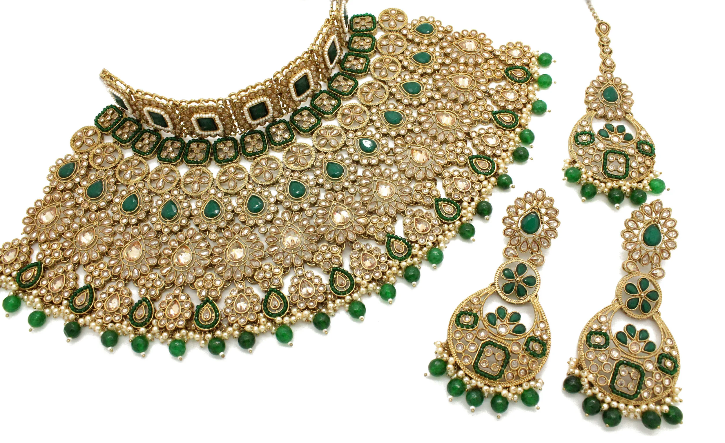 Green Antique Gold Heavy Bridal 'DAYA' Necklace Jewellery Set