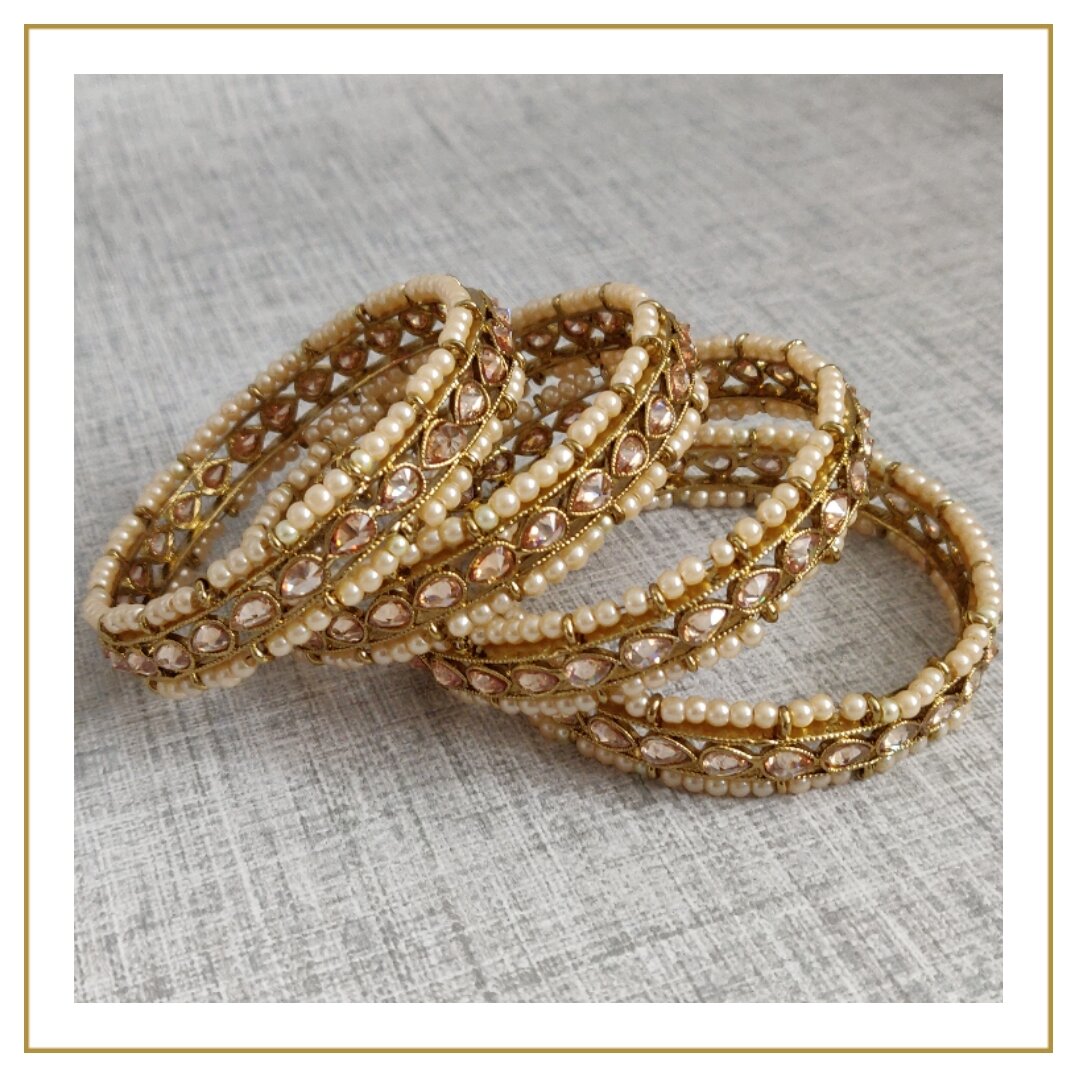 Antique Gold Pearl Kundan Stone Indian Asian Bangles Kangan Set Churiya