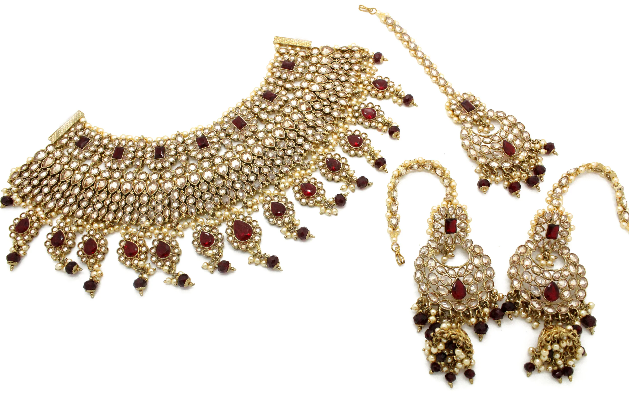 Antique Gold Maroon 'RANI' Necklace Jewellery Set