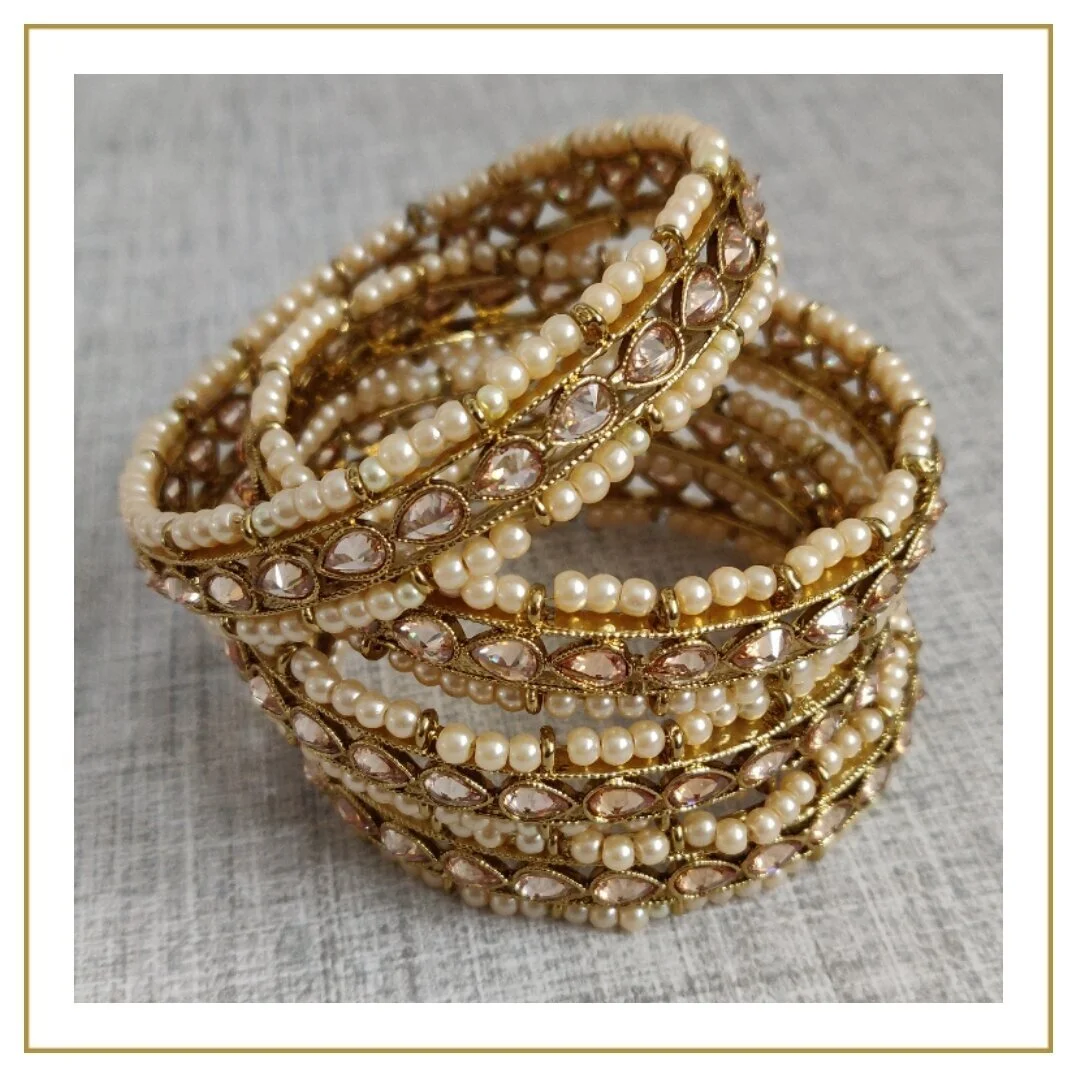 Antique Gold Pearl Kundan Stone Indian Asian Bangles Kangan Set Churiya 