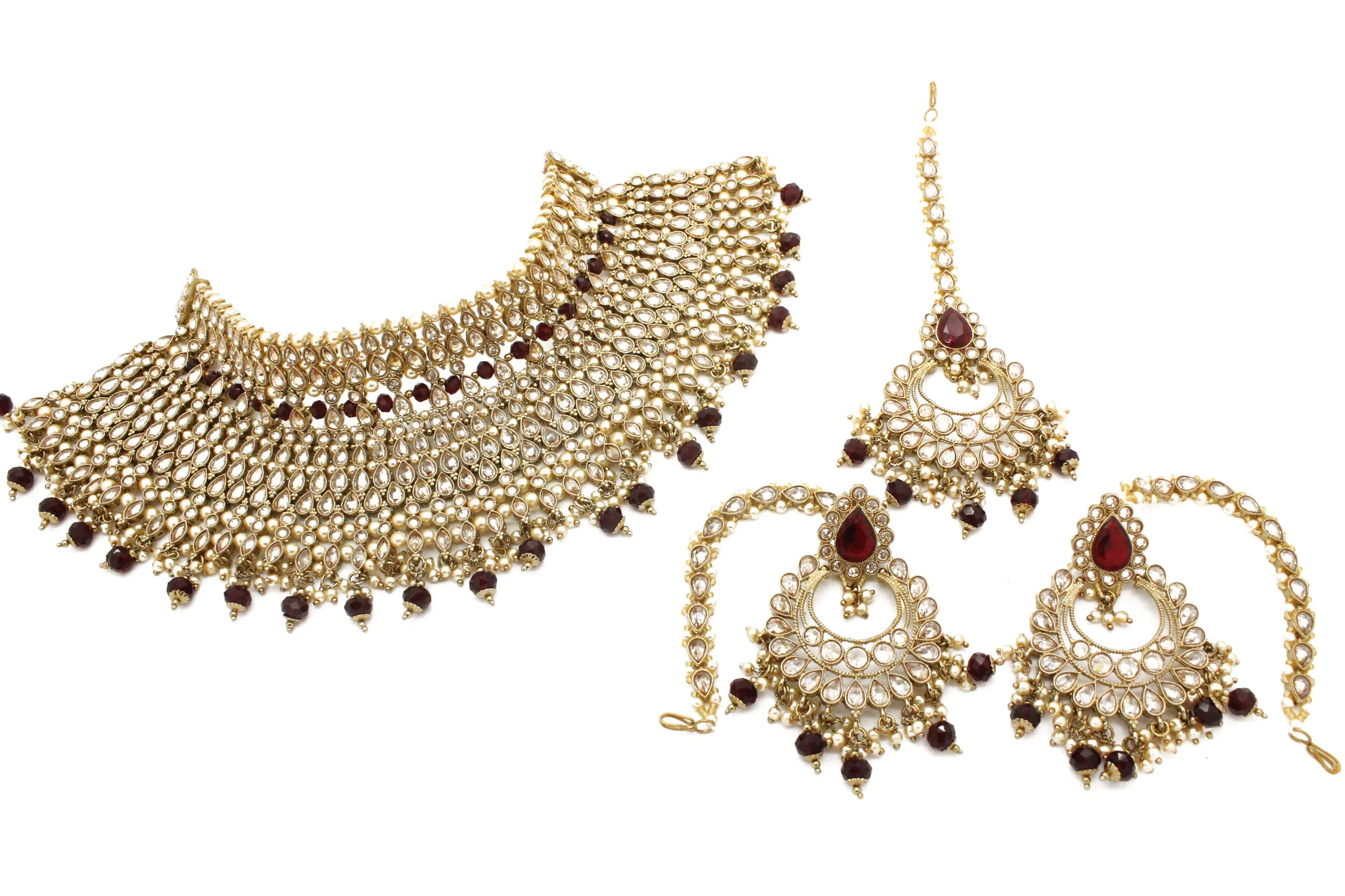 Antique Gold Maroon Indian Asian Statement Sabyasachi Style Bridal Necklace Jewellery Jewelry Set 