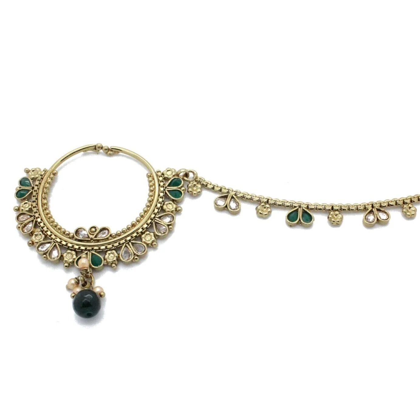 Antique Gold Green Polki Kundan Nose Chain Indian Nath Nose Piece 