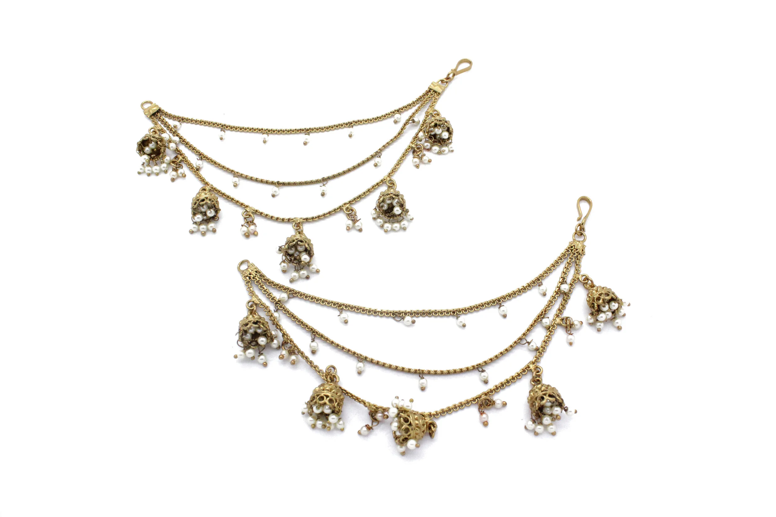 Pair of Antique Gold Silver Pearl Jhumki Kan Chain Saharey