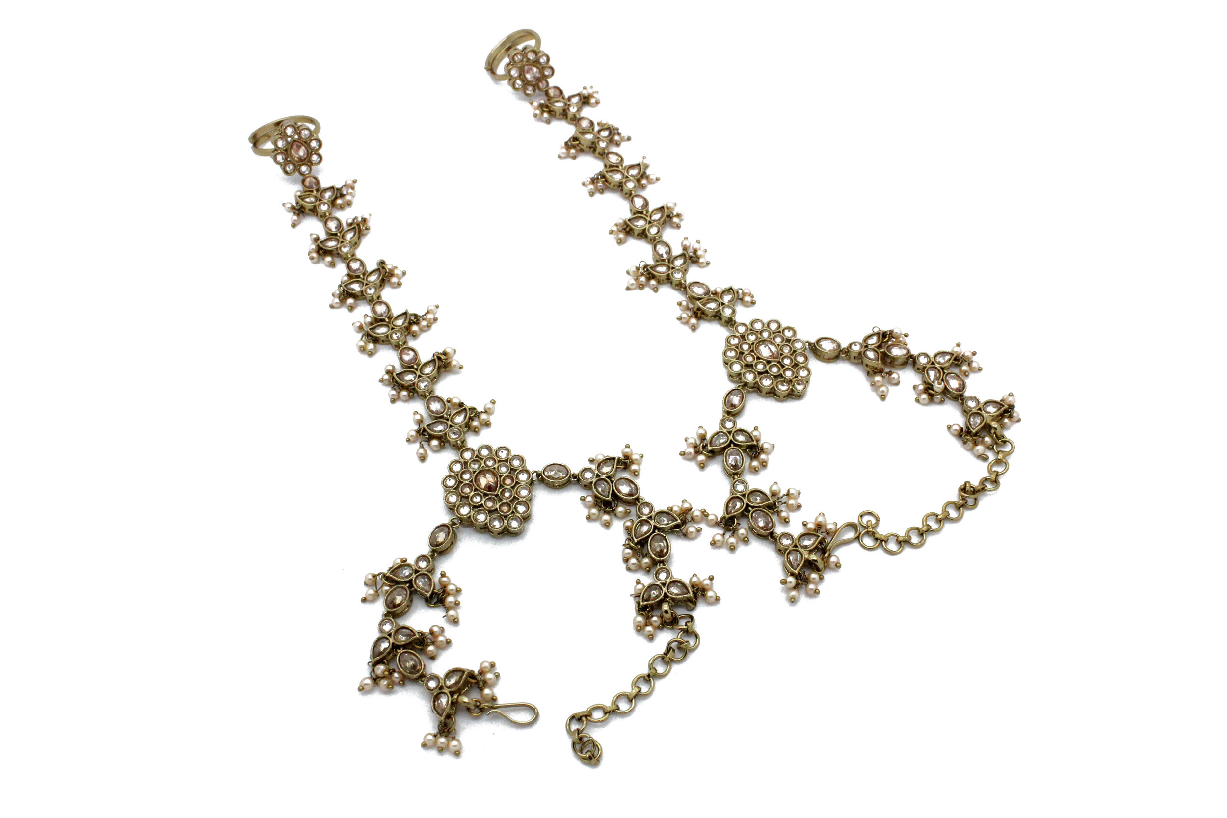 Pair of Antique Gold 'KAINAAT' Kundan Hand Piece Panja Bracelets