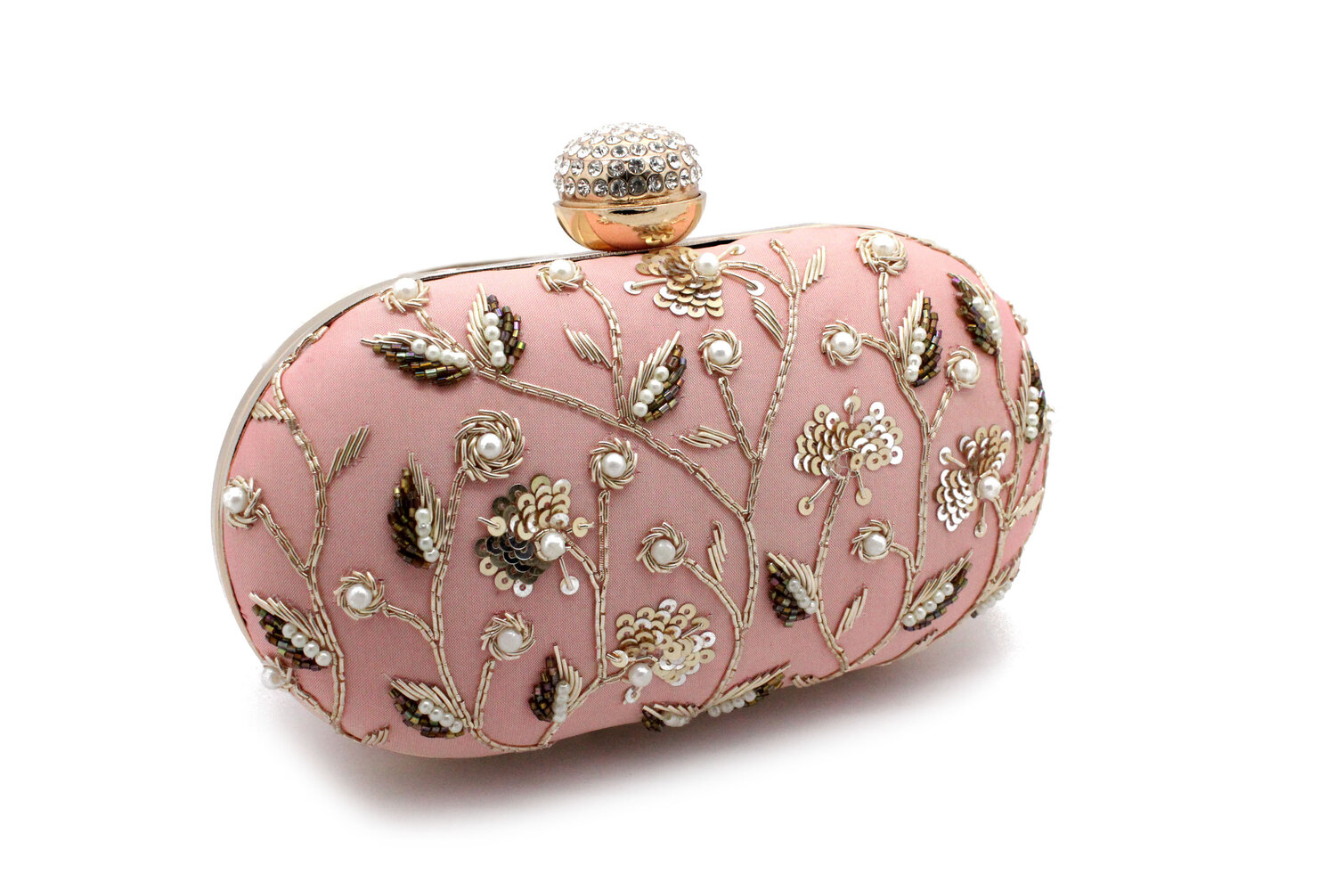 Powder pink Isa clutch bag with gold sequins