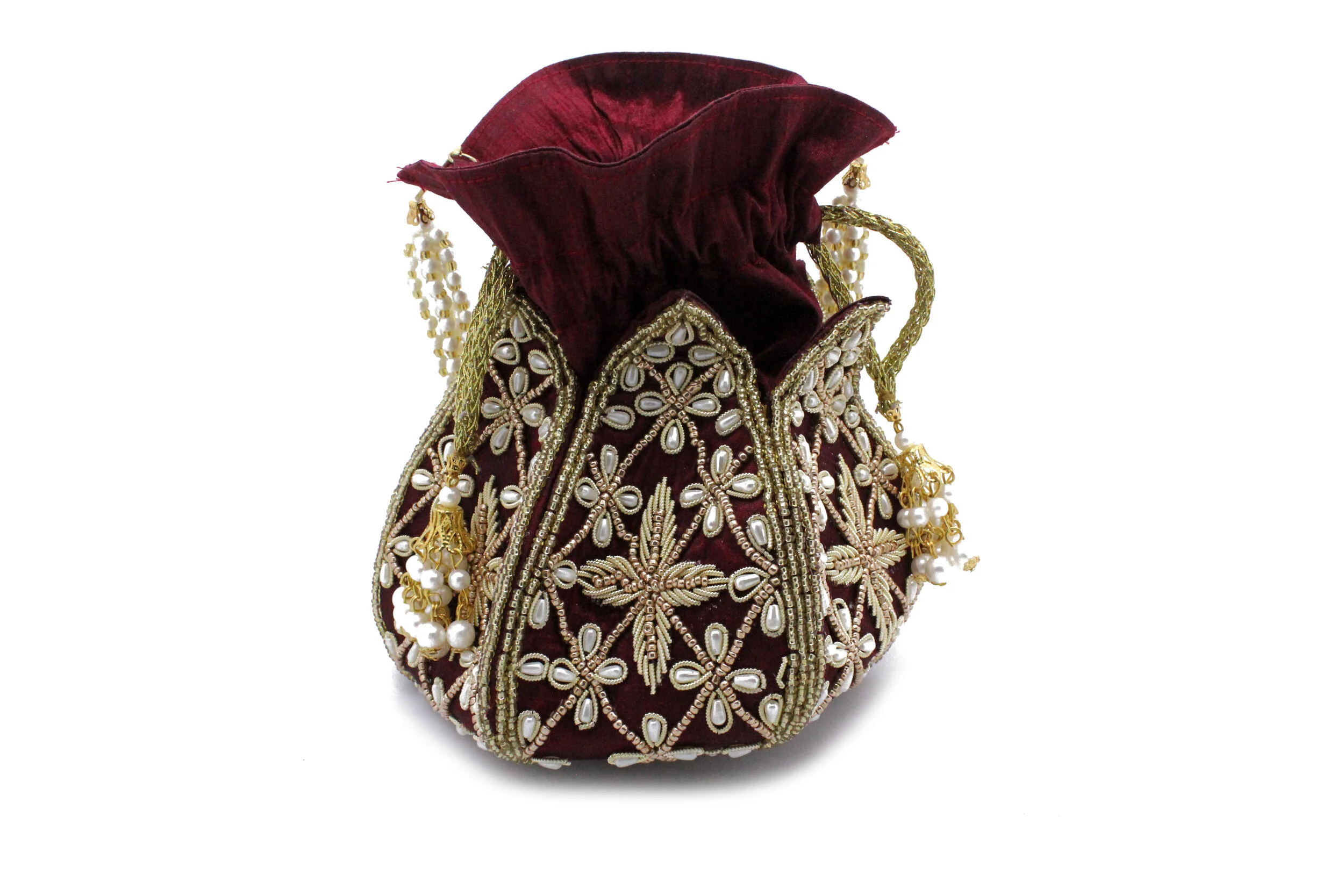 Maroon Gold Pearl Potli Bag