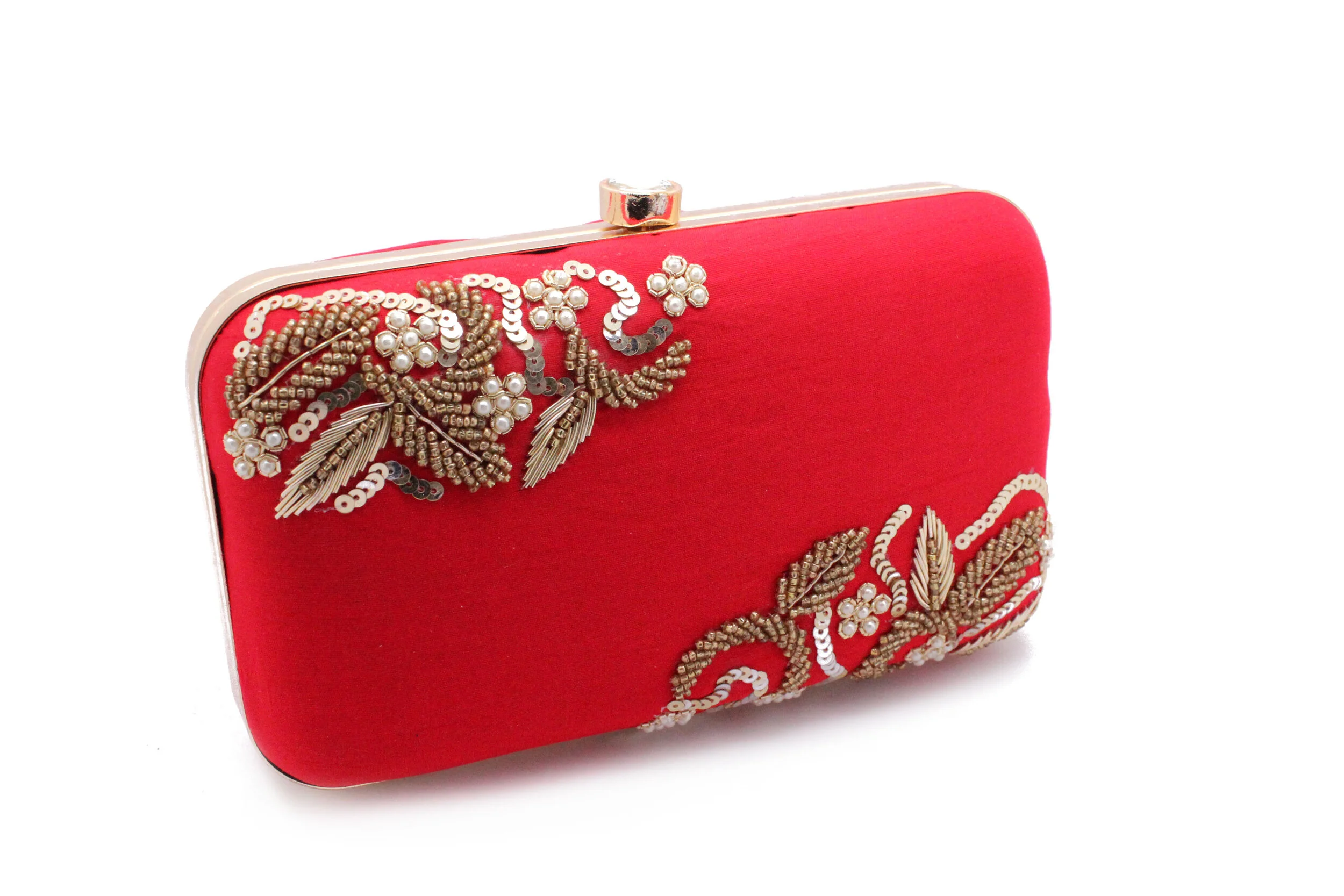 Cherry Red Antique Gold Stone Clutch Bag