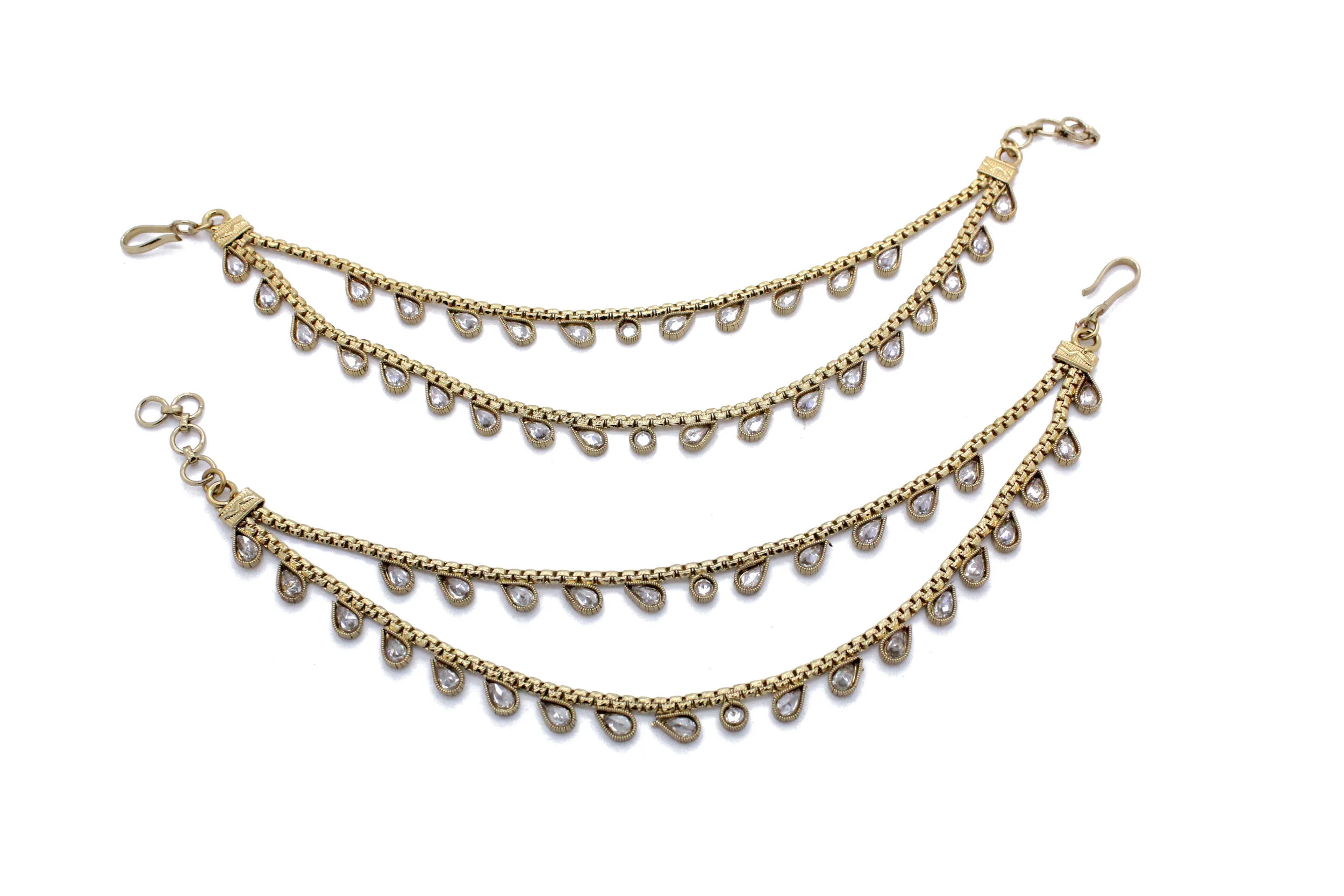 Antique Gold Silver Polki Kundan 2 Layer Ear Chains Saharey