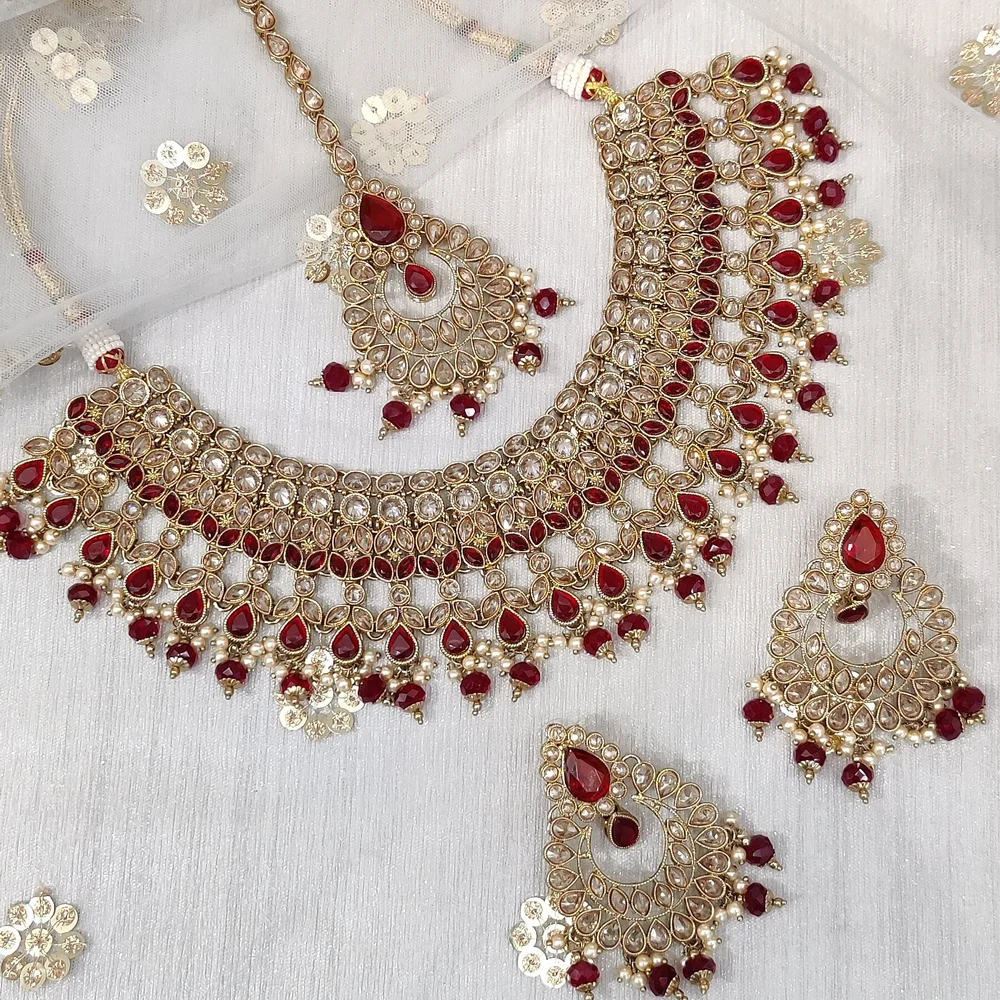 Maroon Antique Gold Indian Asian Bridal Necklace Jewellery Set