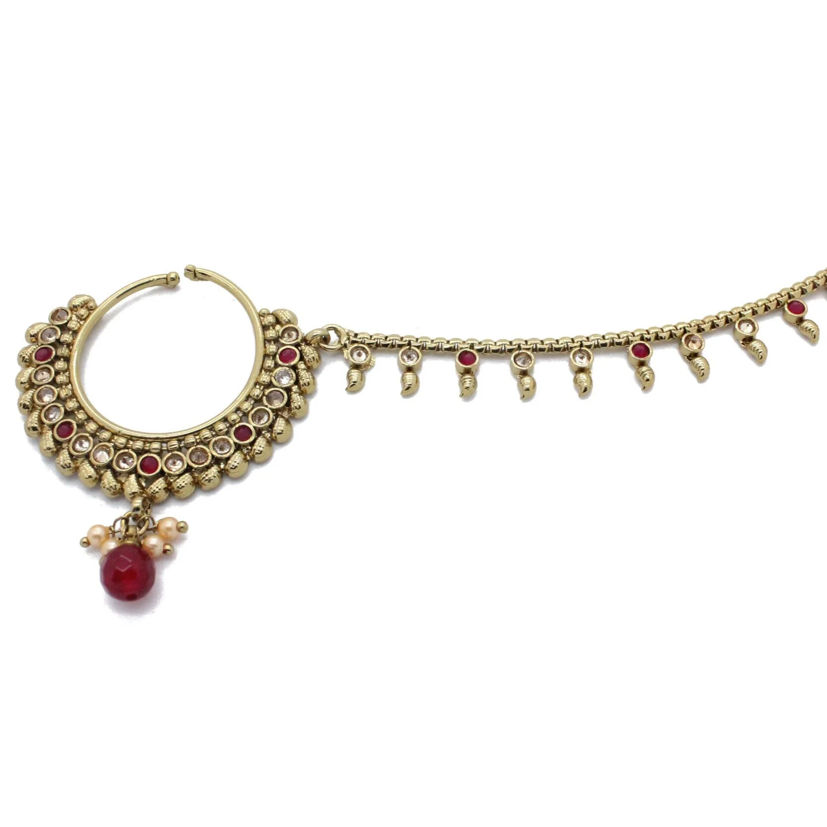 Antique Gold Maroon Indian Nose Chain Nath Nose Piece