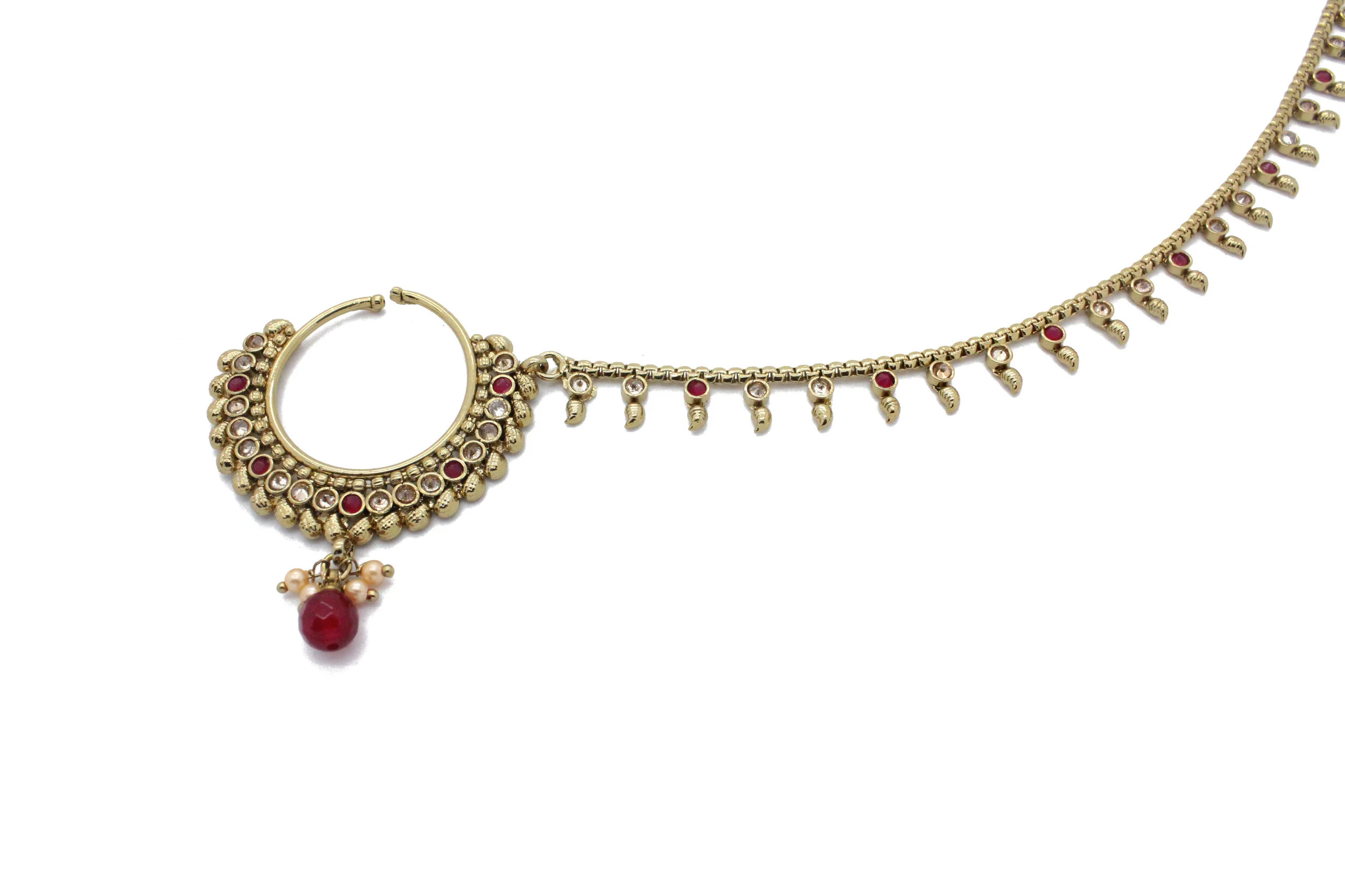 Antique Gold Maroon Nose Chain Nath