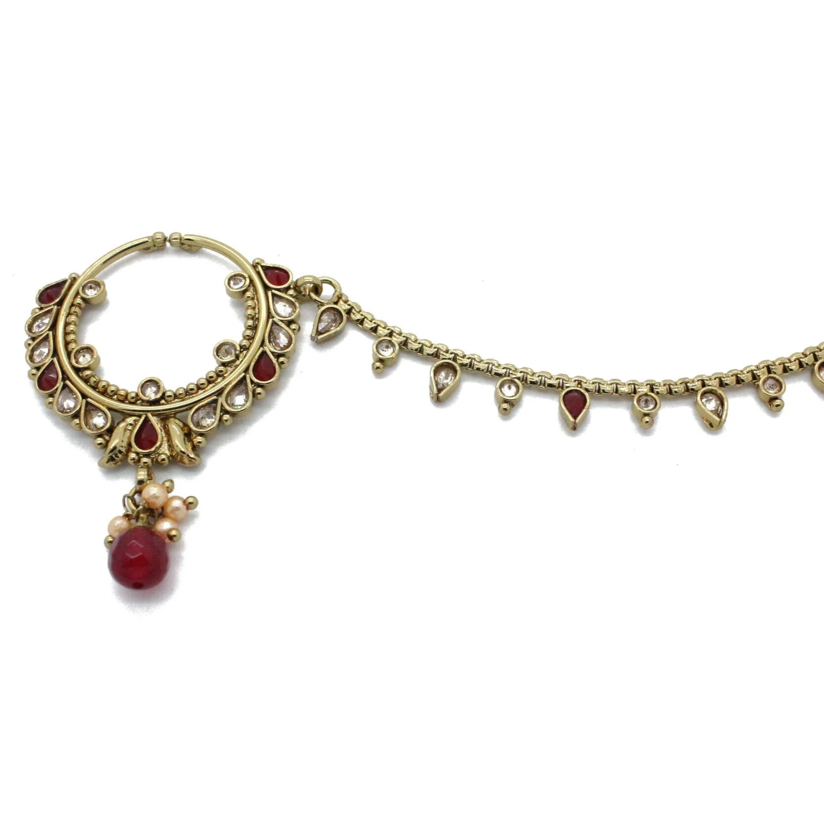 Antique Gold Maroon Indian Nose Chain Nath Nose Piece