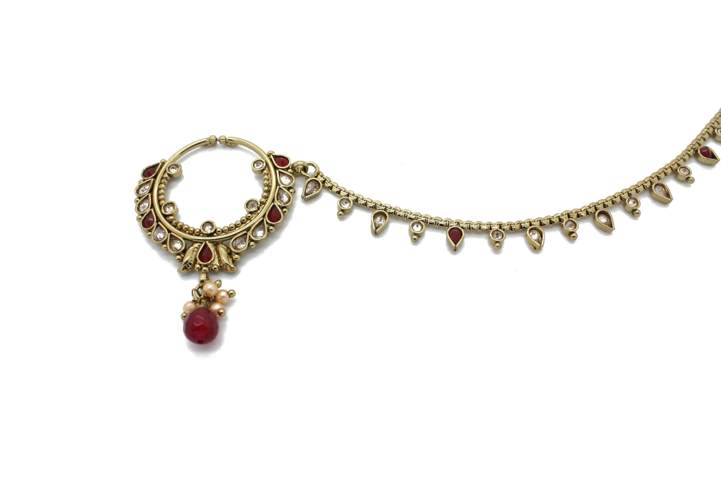 Antique Gold Maroon Polki Kundan Nose Chain