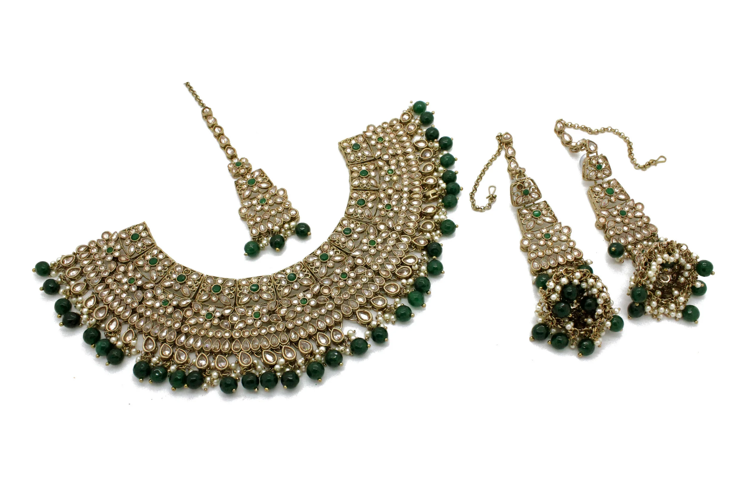 Antique Gold Green Kundan Stone Indian Asian Bridal Necklace Jewellery Jewelry Set