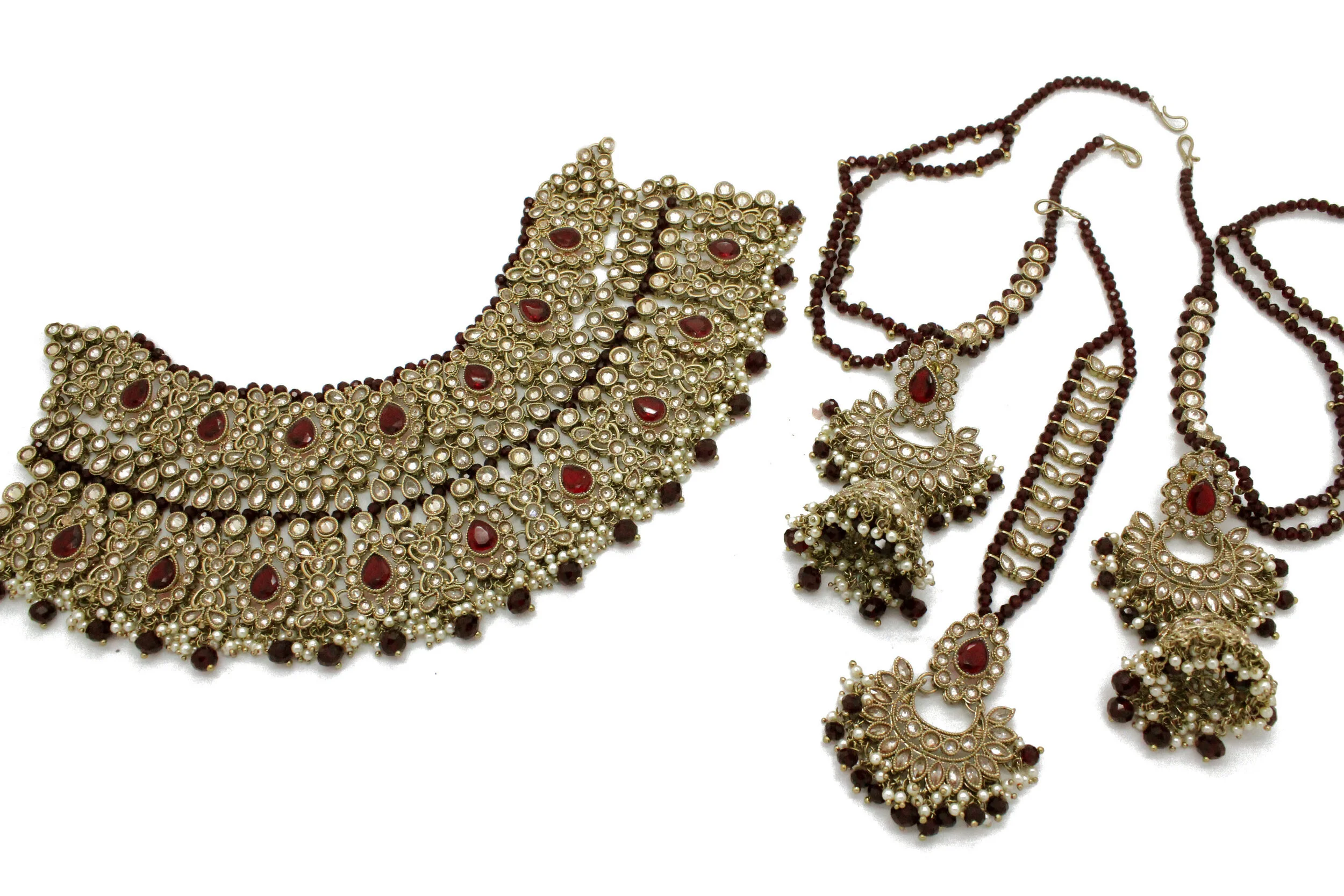 Antique Gold Maroon Indian Full Bridal Necklace Jewellery Jewelry Set