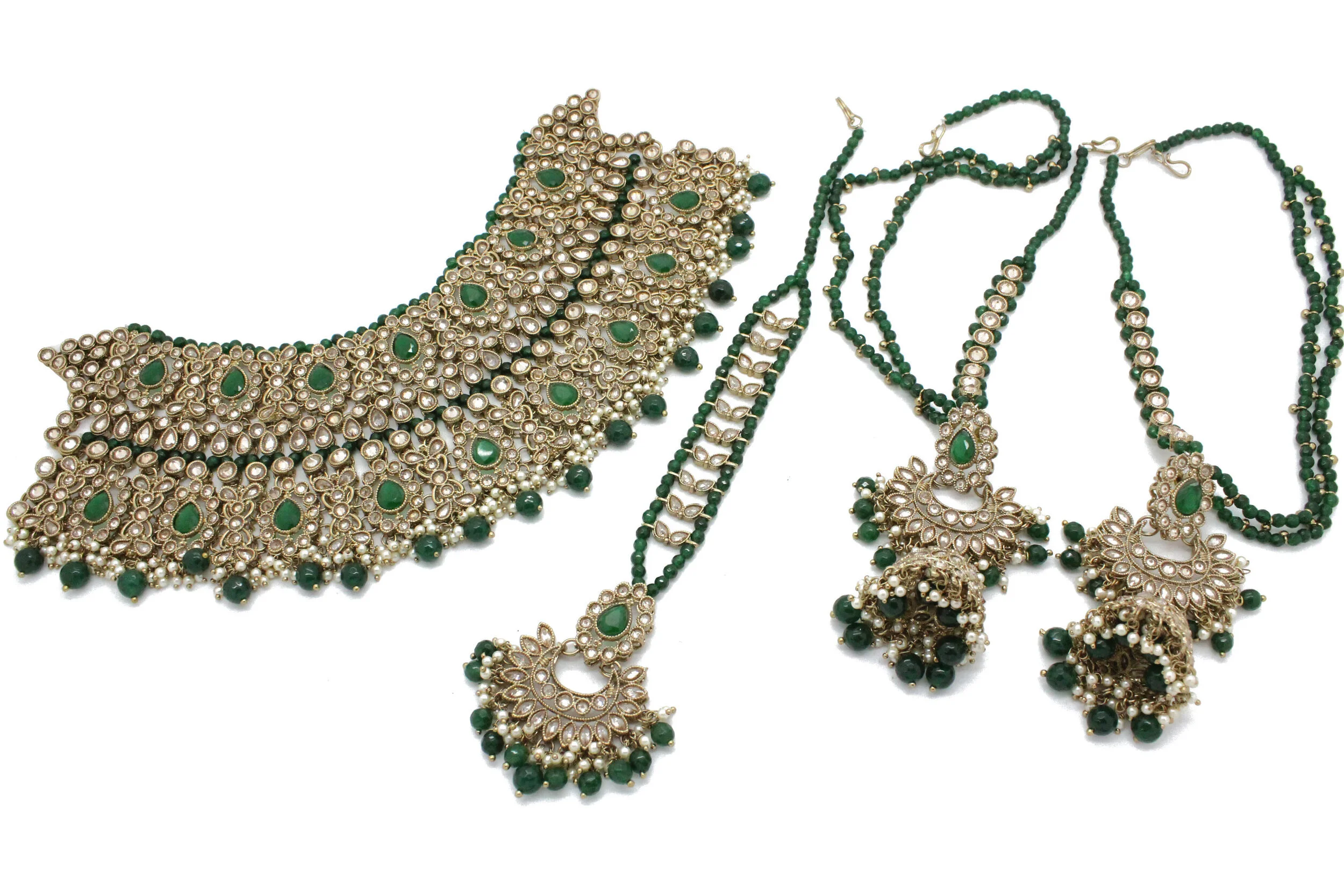 Green Antique Gold Indian Asian Full Bridal Necklace Jewellery Jewelry Set