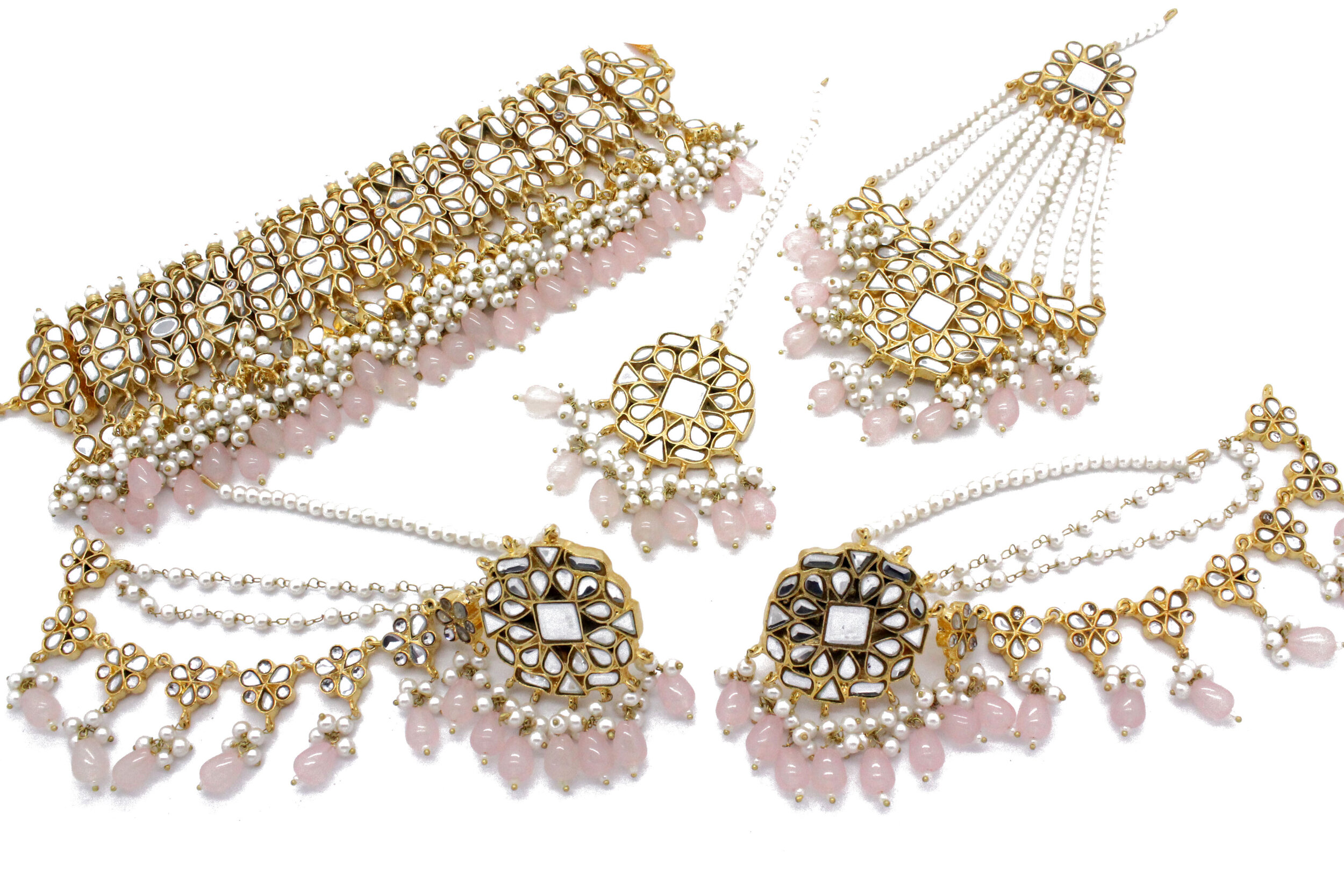 Gold Silver Mirror Stone Baby Pink Bridal Choker Necklace Jewellery