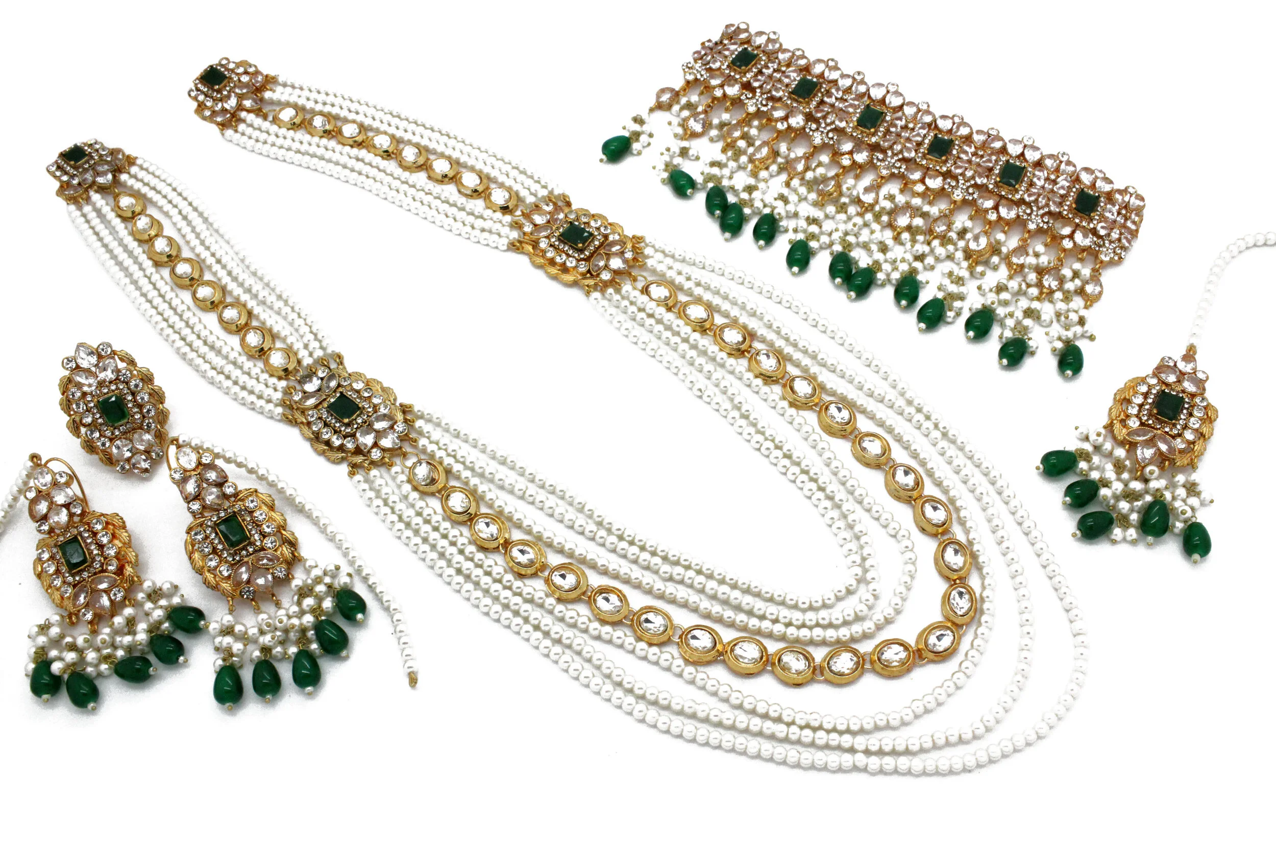 Gold Silver Green Pearl Choker Mala Bridal Necklace Jewellery Jewelry Set 