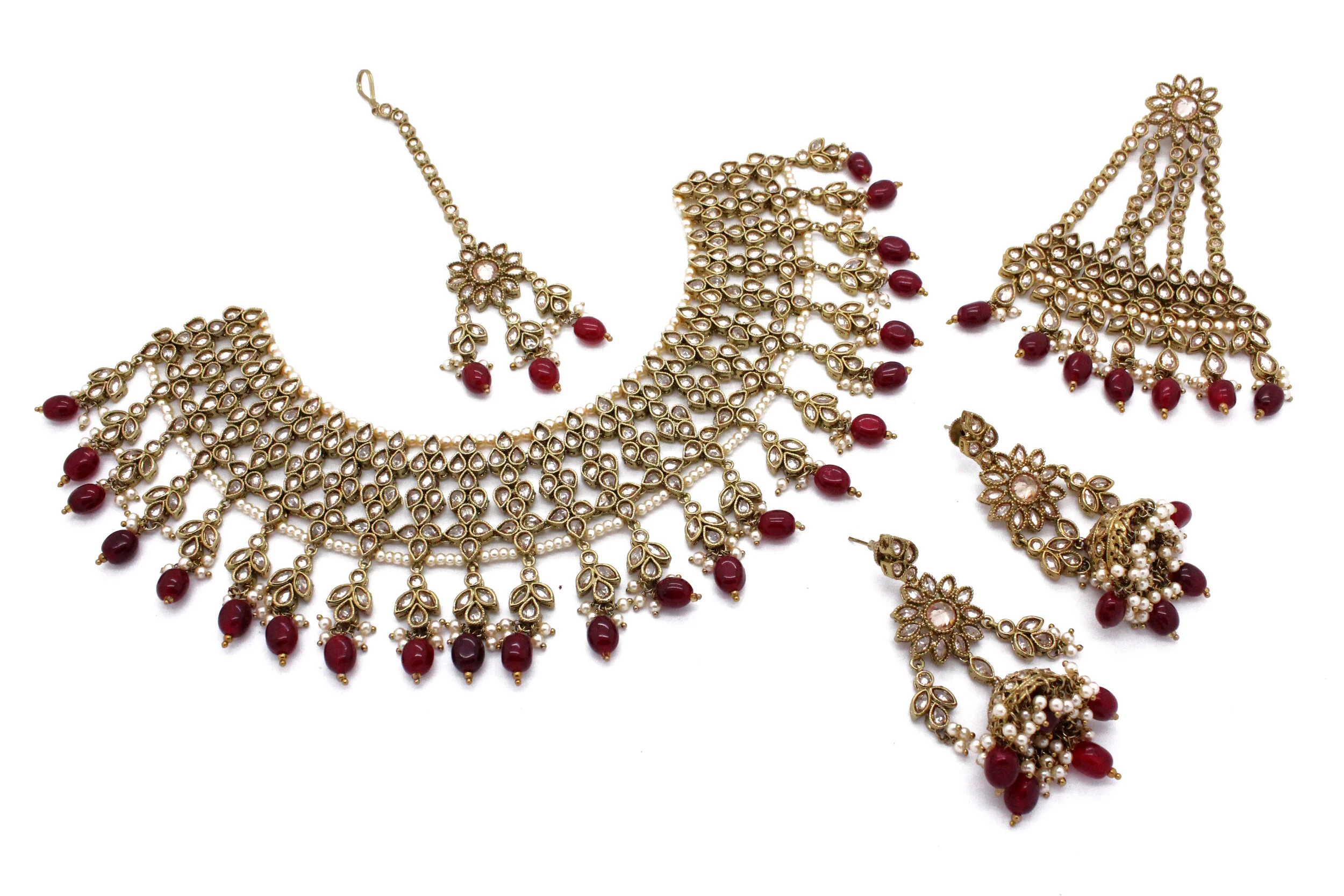 Maroon Antique Gold Polku Kundan Indian Asian Bridal Necklace Jewellery Jewelry Set 