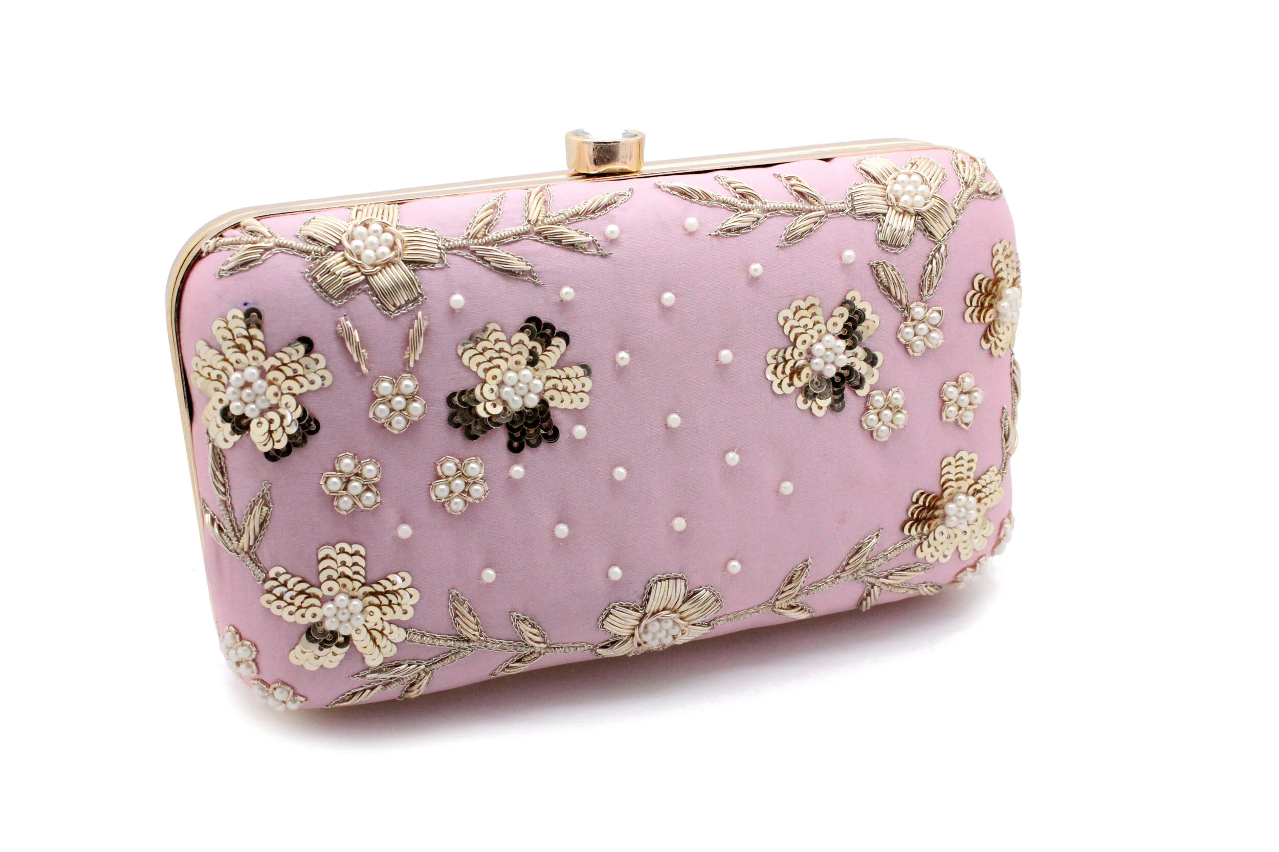 Baby Pink Gold Stonework Clutch Bag