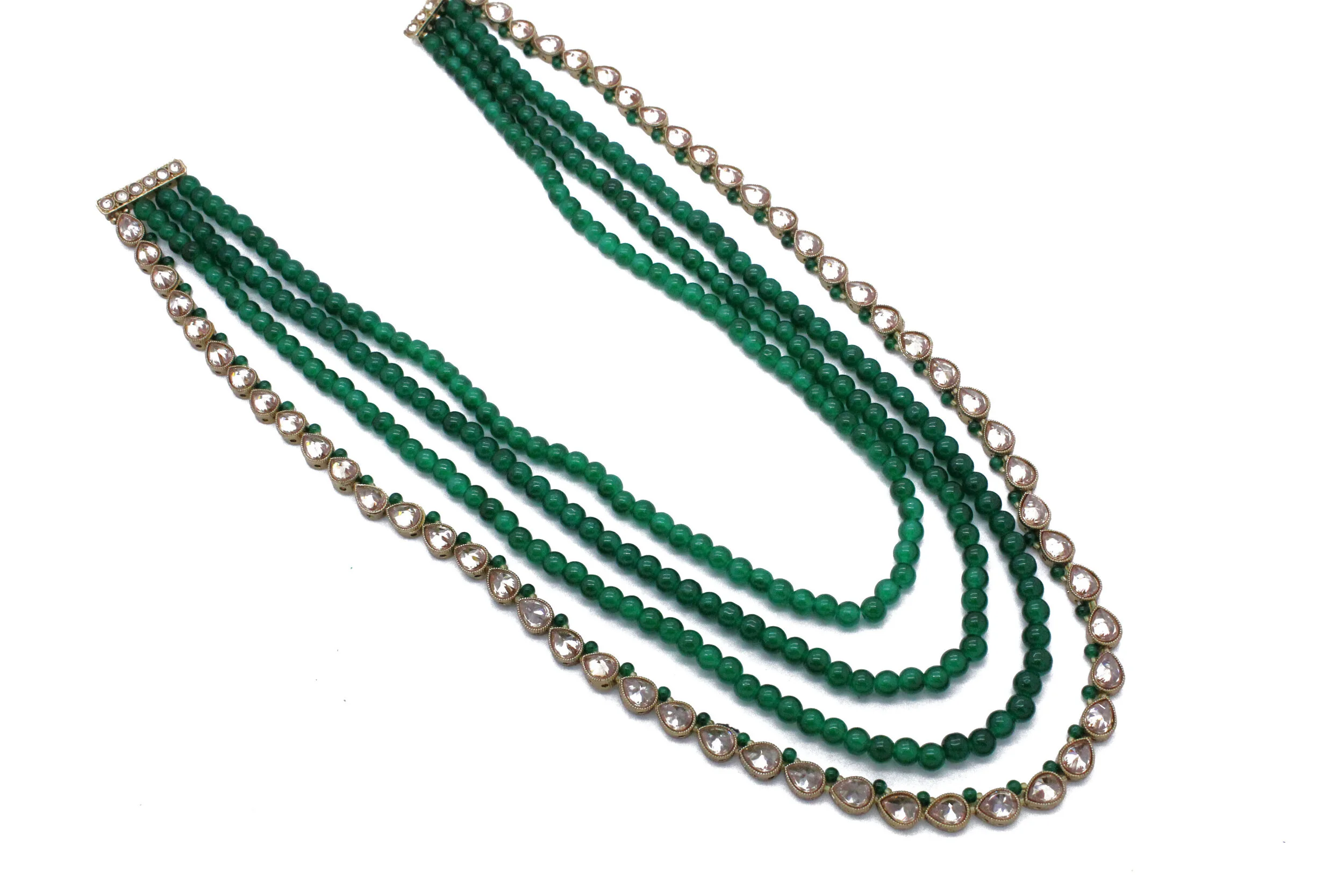 Green Antique Gold Kundan Pearl Layered Mala Necklace