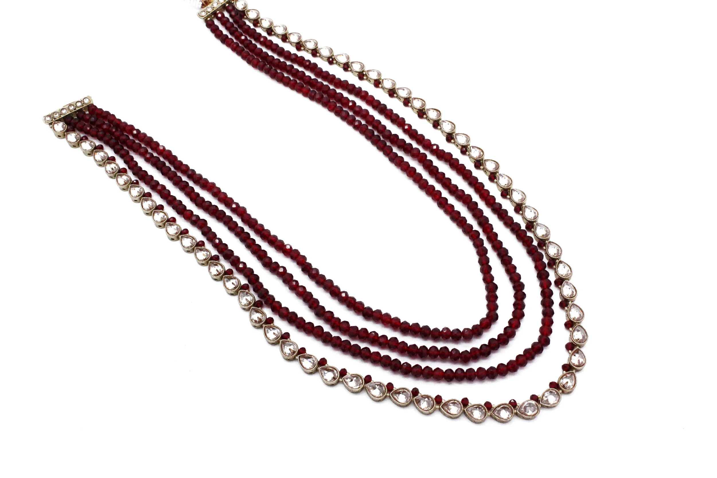 Maroon Antique Gold Kundan Pearl Layered Mala Necklace