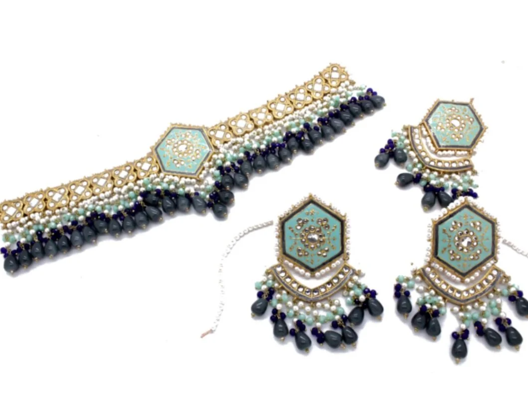Navy Blue Mint Meenkari Kundan Painted 