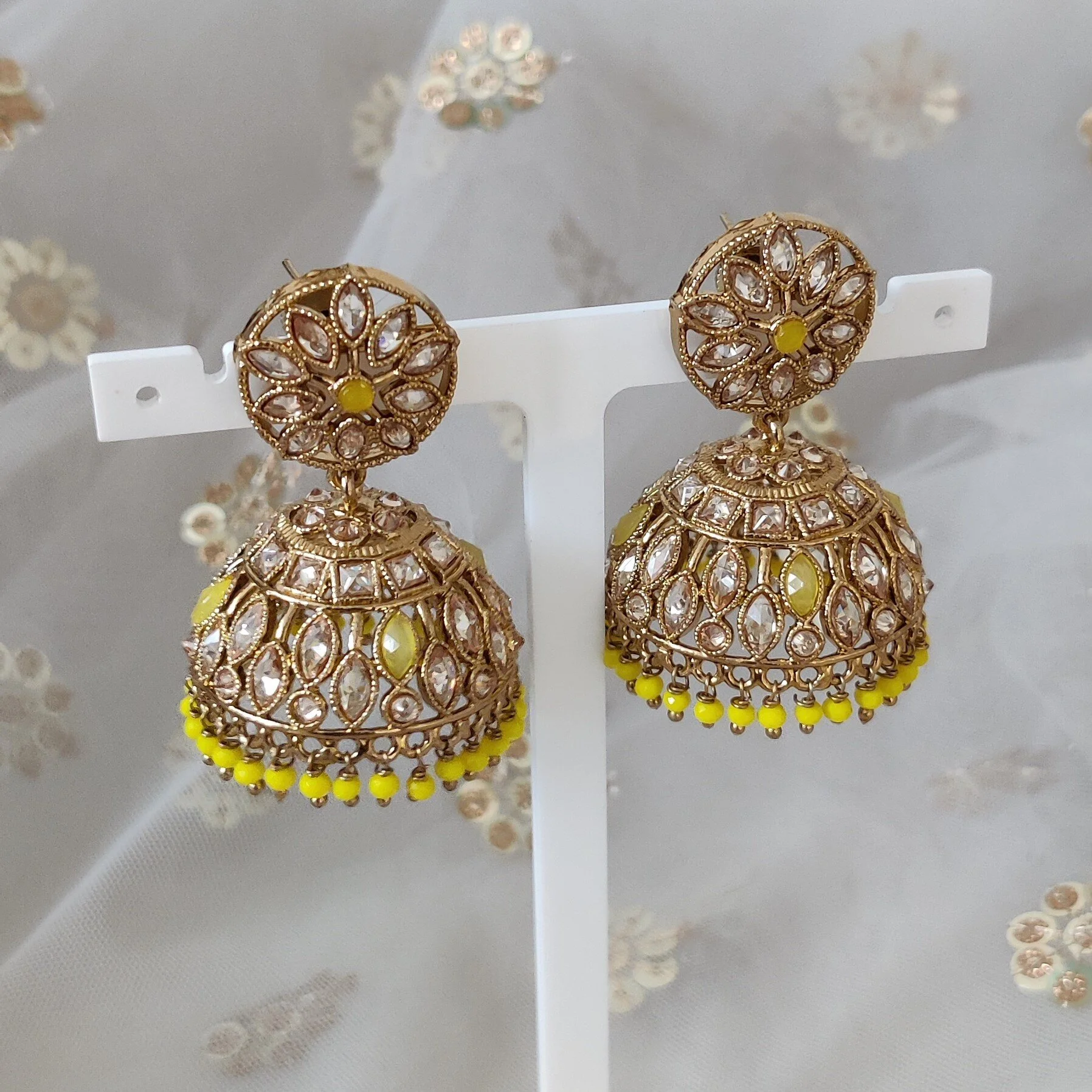 Yellow Antique Gold Indian Asian Polki Kundan Jhumki Earrings 
