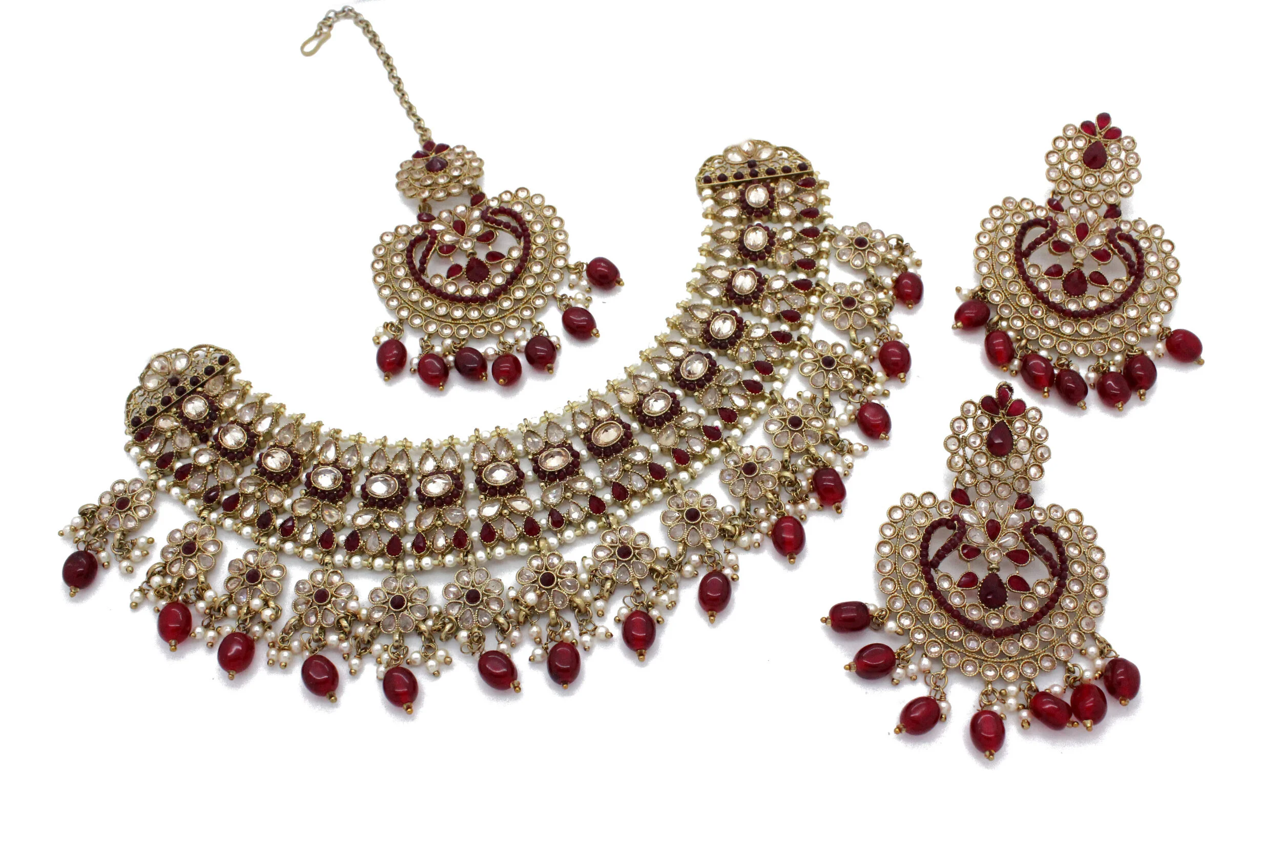 Maroon Antique Gold 'HEMA' Bridal Necklace Jewellery Set