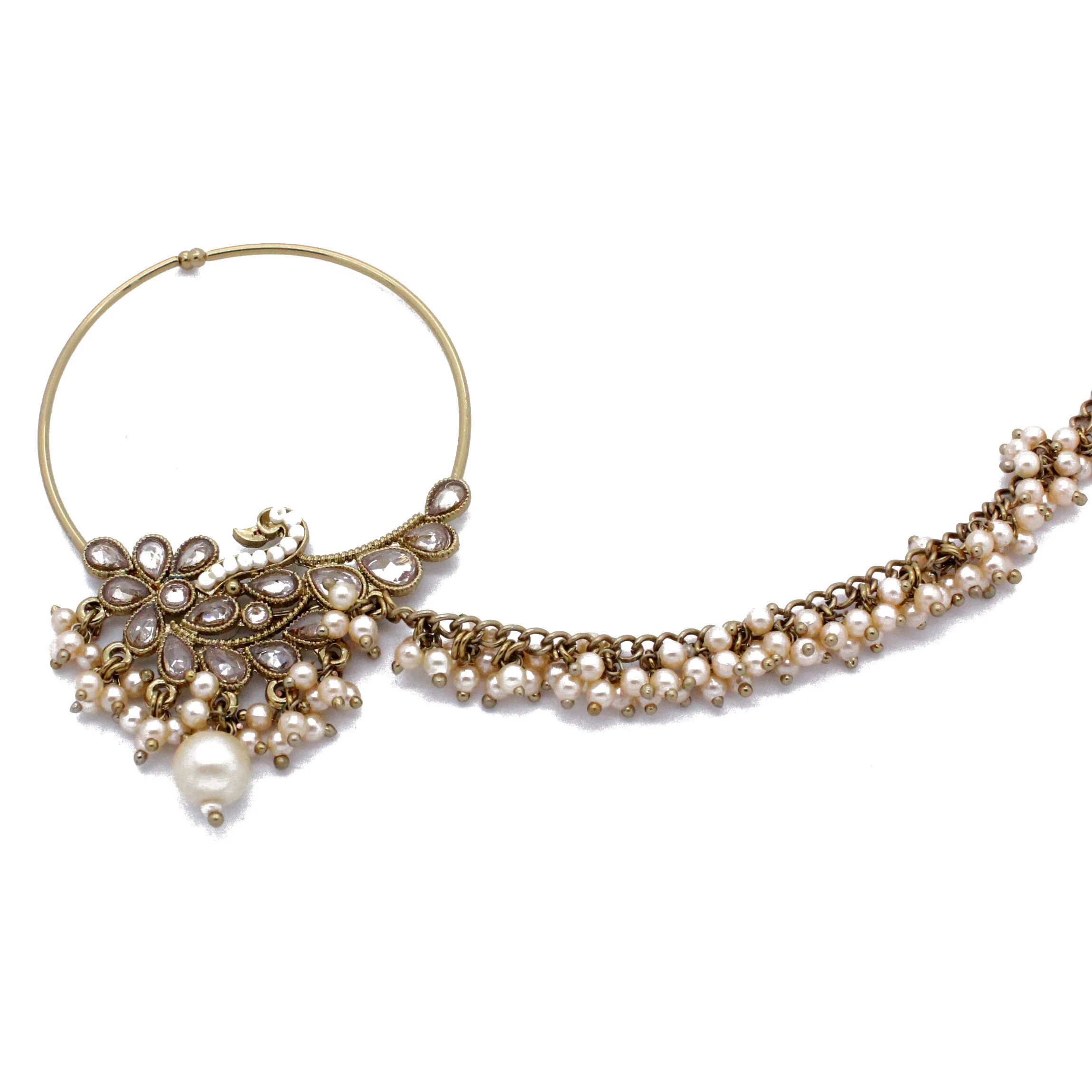 Antique Gold Statement Peacock Bridal  Nath Nose Chain