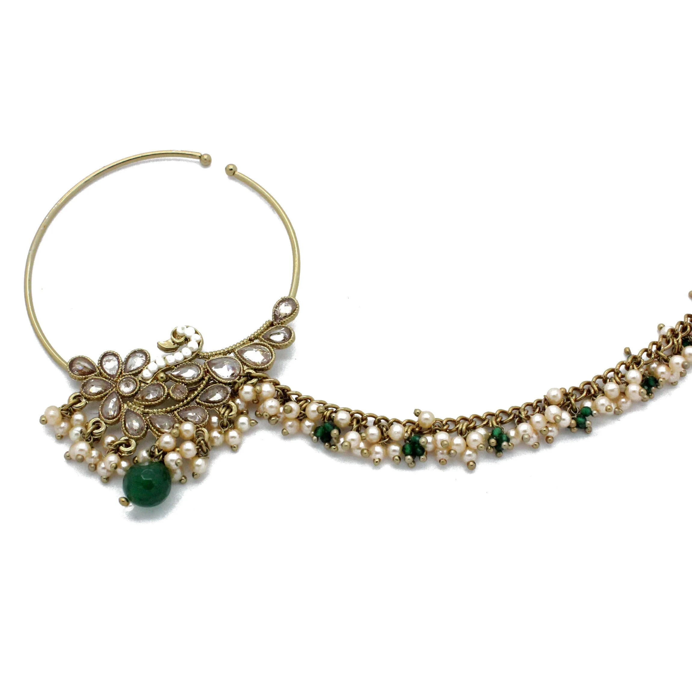 Green Antique Gold Pearl Polki Kundan Peacock Indian Asian Nose Chain Nath Nathini Bridal Wedding 