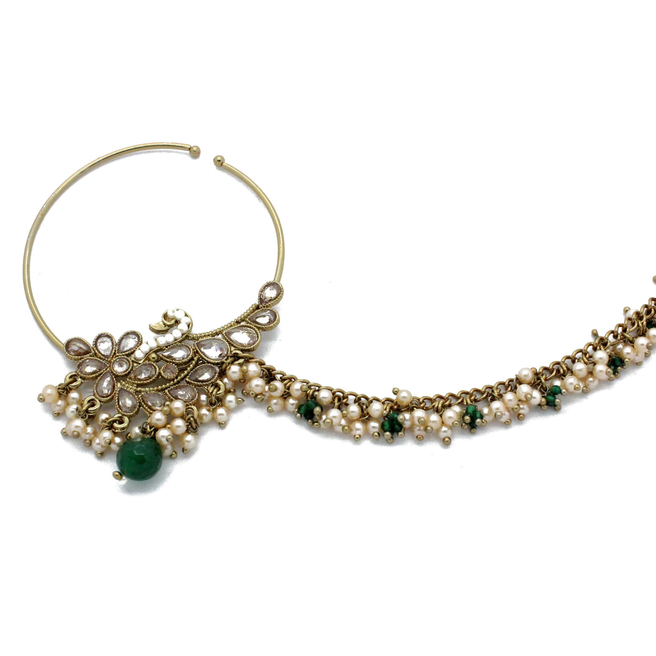 Green Antique Gold Statement Peacock Bridal  Nath Nose Chain