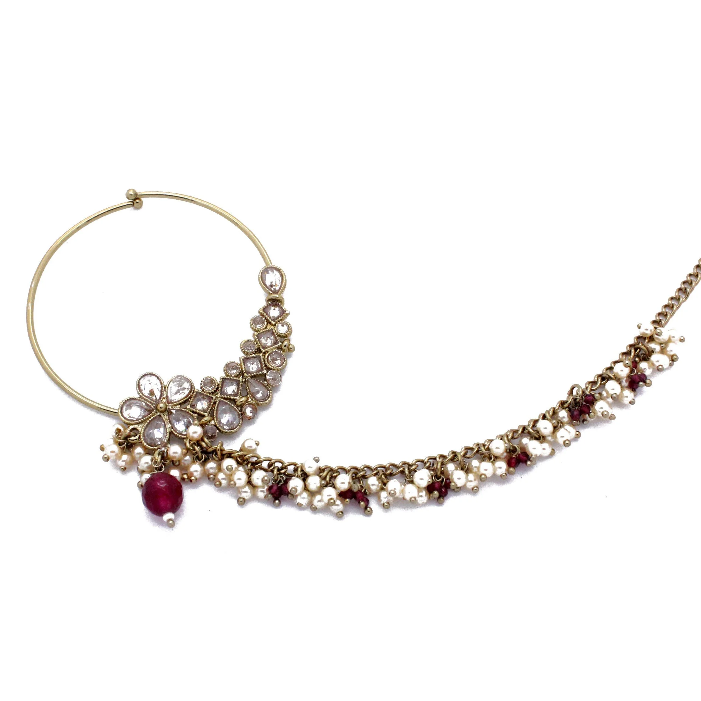 Antique Gold Maroon Statement Bridal  Nath Nose Chain