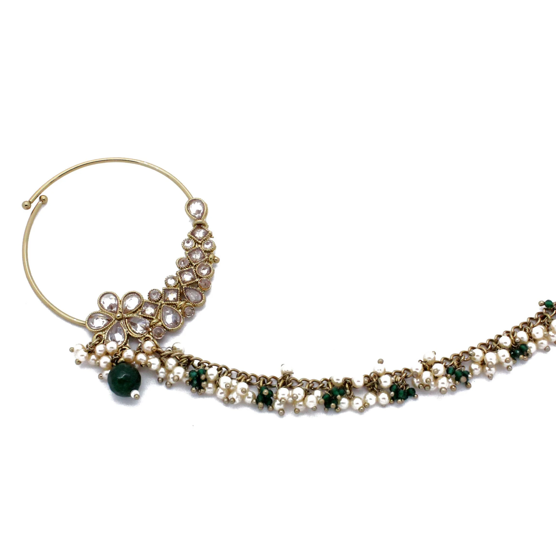 Antique Gold Green Statement Bridal  Nath Nose Chain