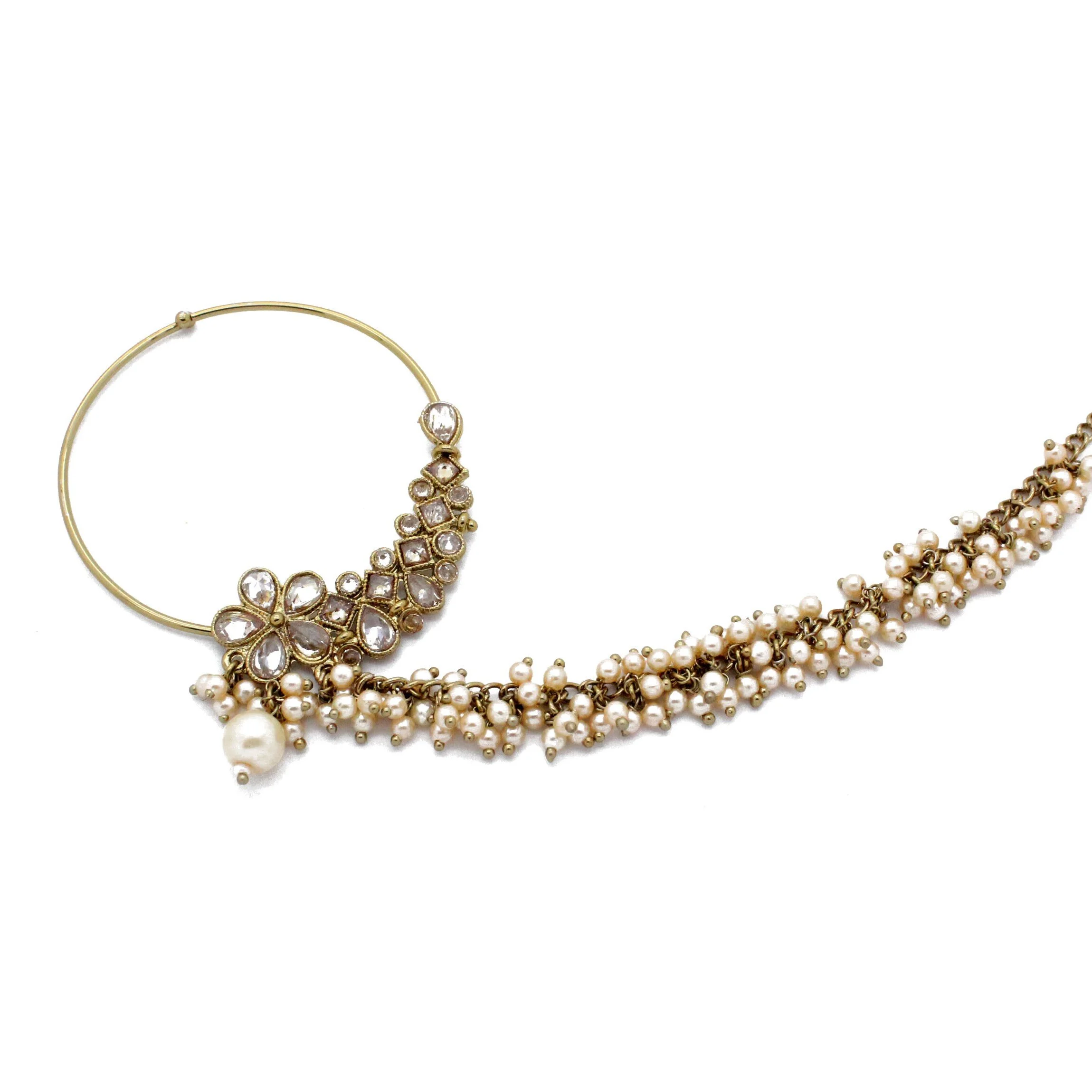 Antique Gold Pearl Polki Kundan Indian Asian Nose Chain Nath Nathini Bridal Wedding 