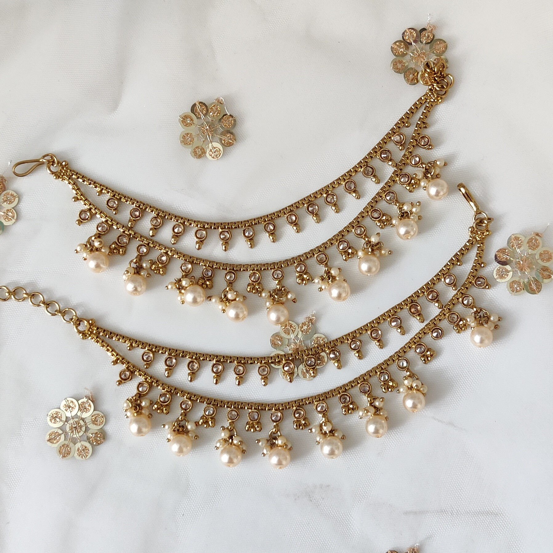 Antique Gold Indian Asian Polki Kundan Ear Chains 