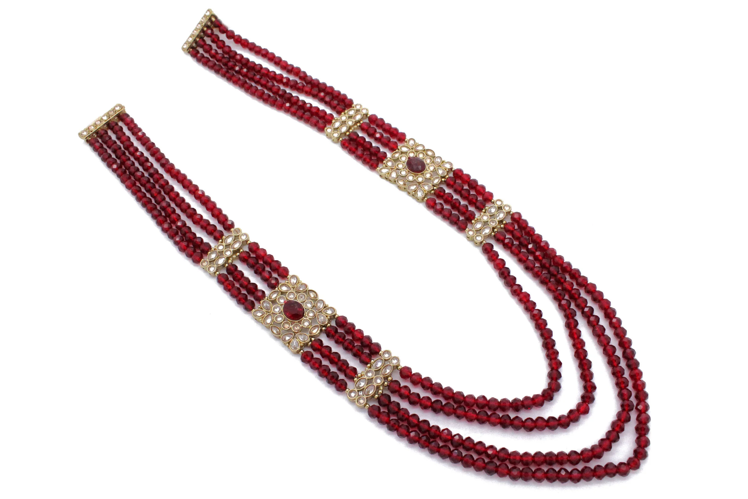 Maroon Antique Gold Kundan Pearl Layered Pendant Mala Necklace