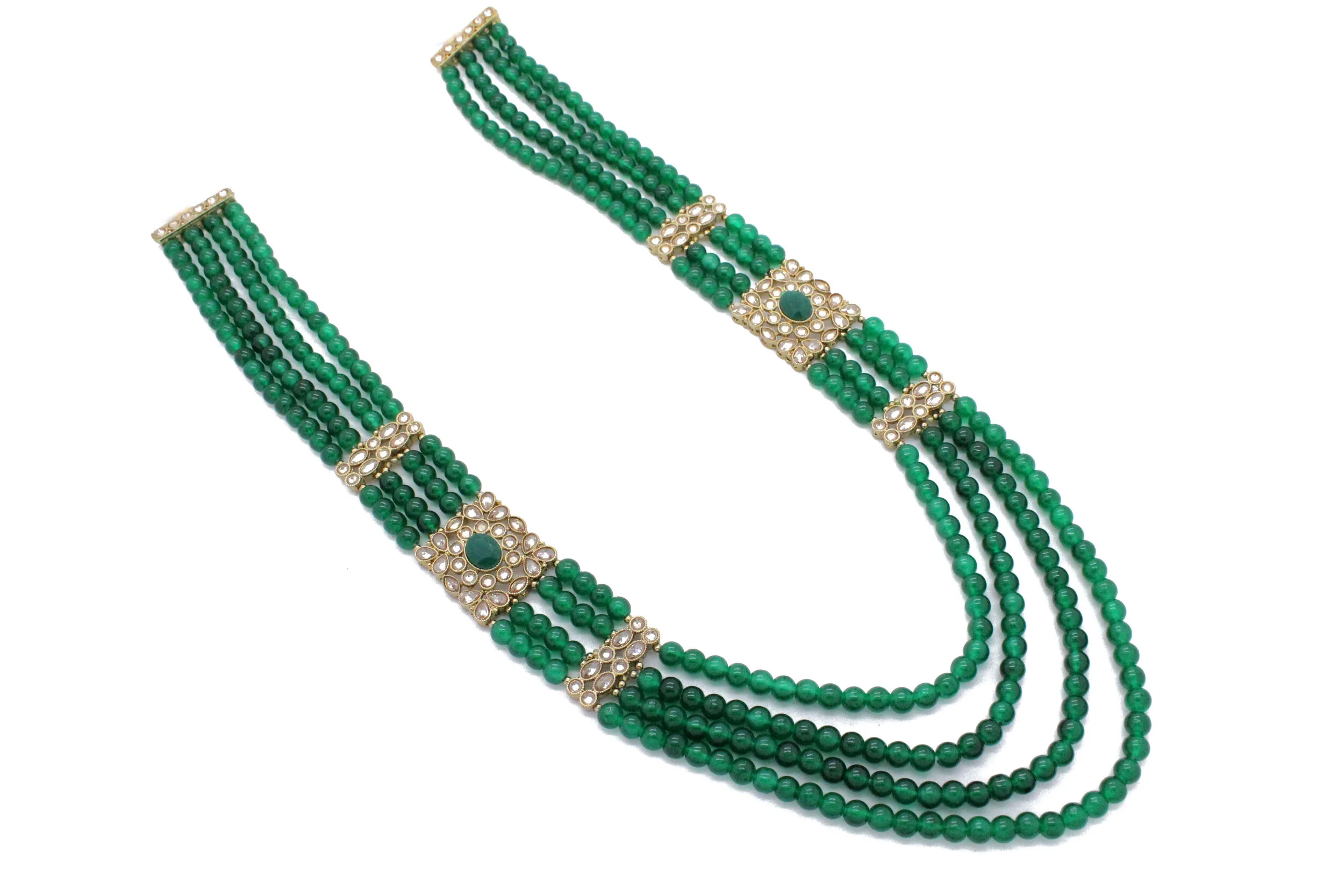 Green Antique Gold Kundan Pearl Layered Pendant Mala Necklace