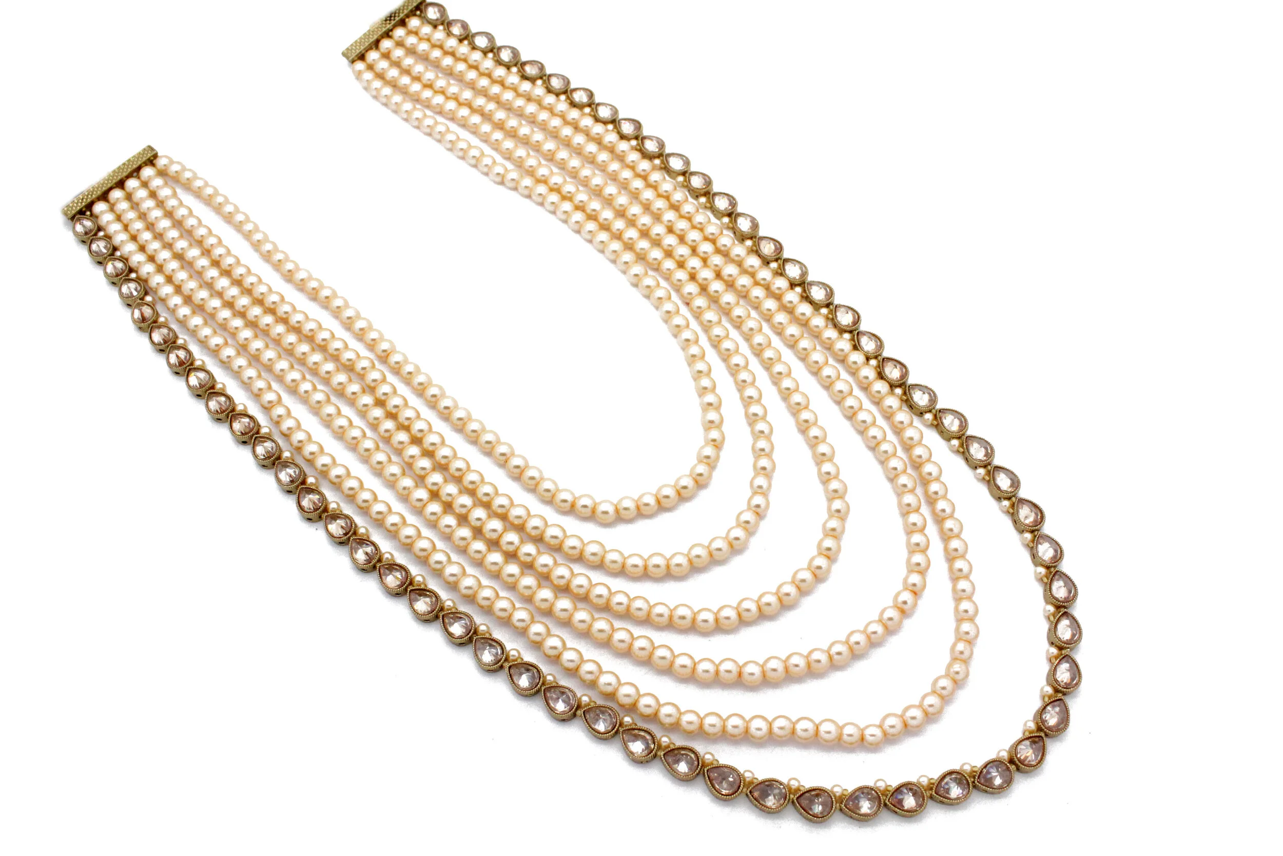 Antique Gold Polki Crystal Pearl 6 Layer Mala Necklace