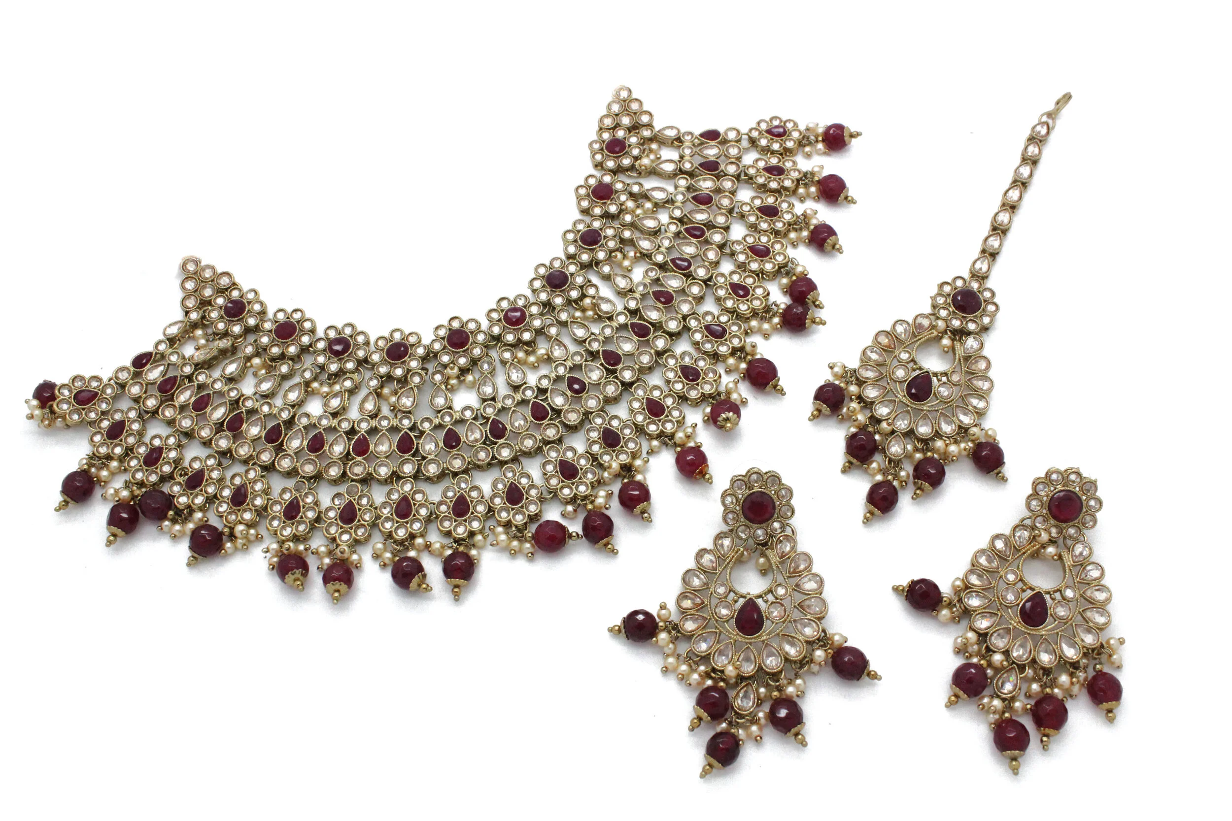 Maroon Antique Gold 'ANIKA' Bridal Necklace Jewellery Set