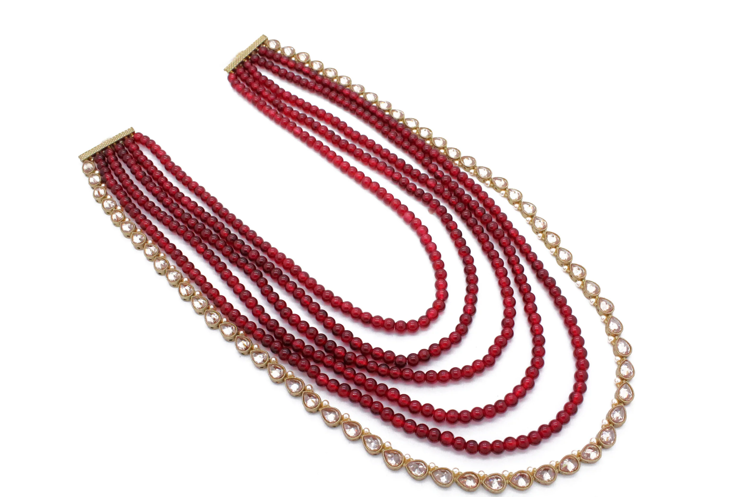 Maroon Antique Gold Polki Crystal Pearl 6 Layer Mala Necklace
