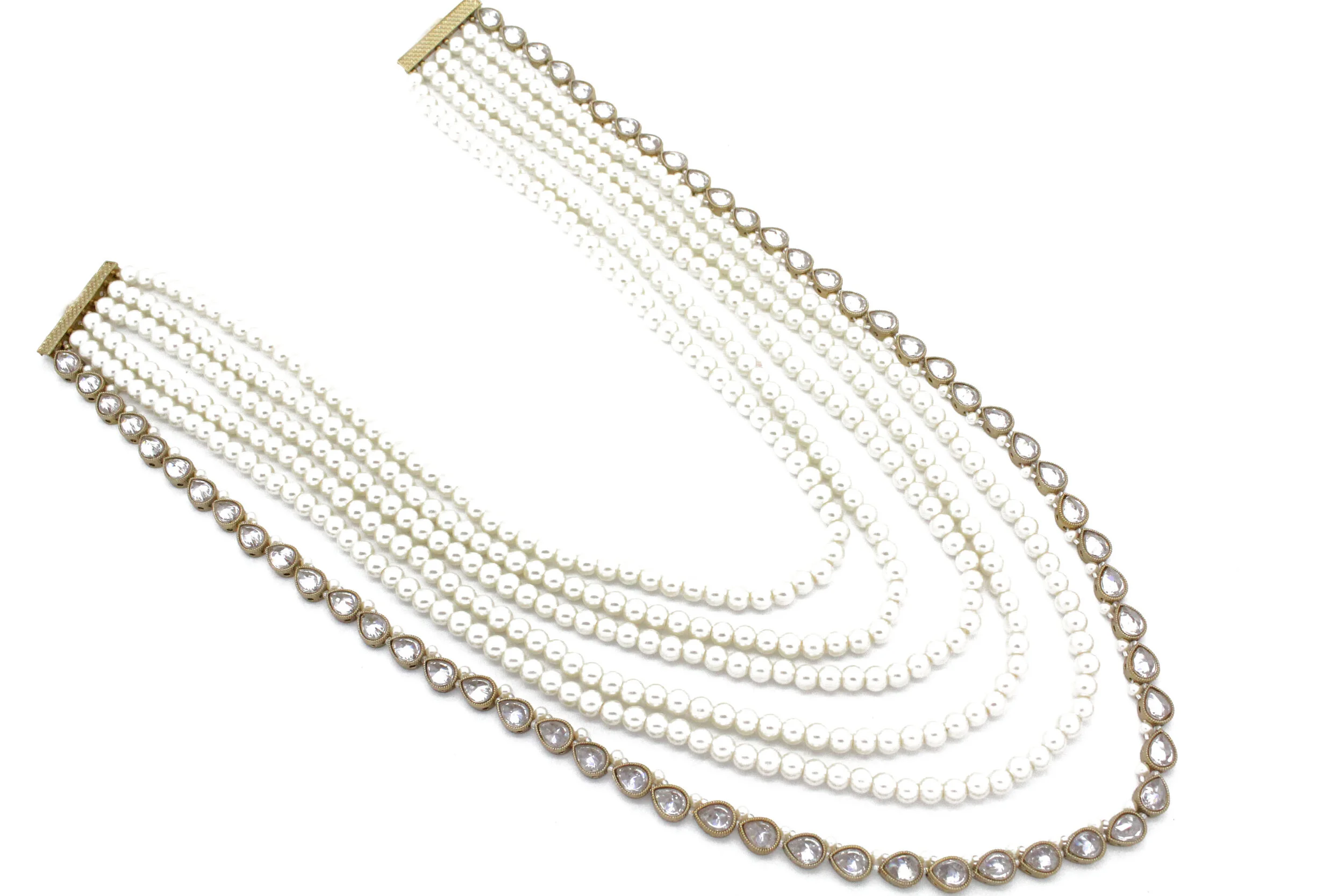 Antique Gold Polki Crystal Ivory Pearl 6 Layer Mala Necklace