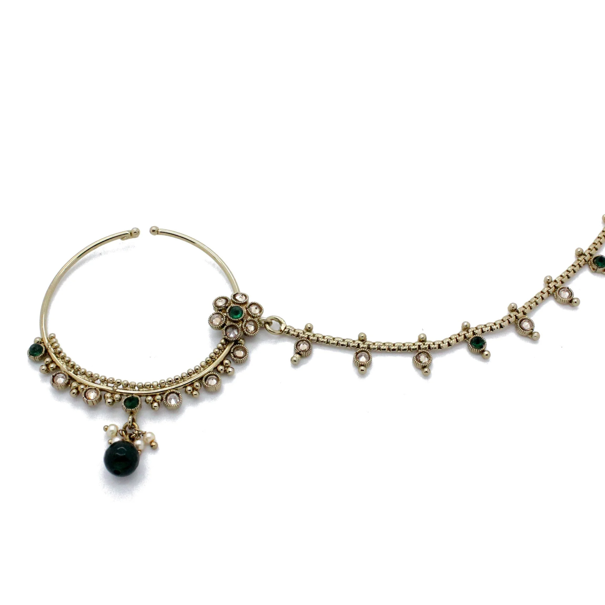 Green Antique Gold Polki 'FARAH' Nose Chain