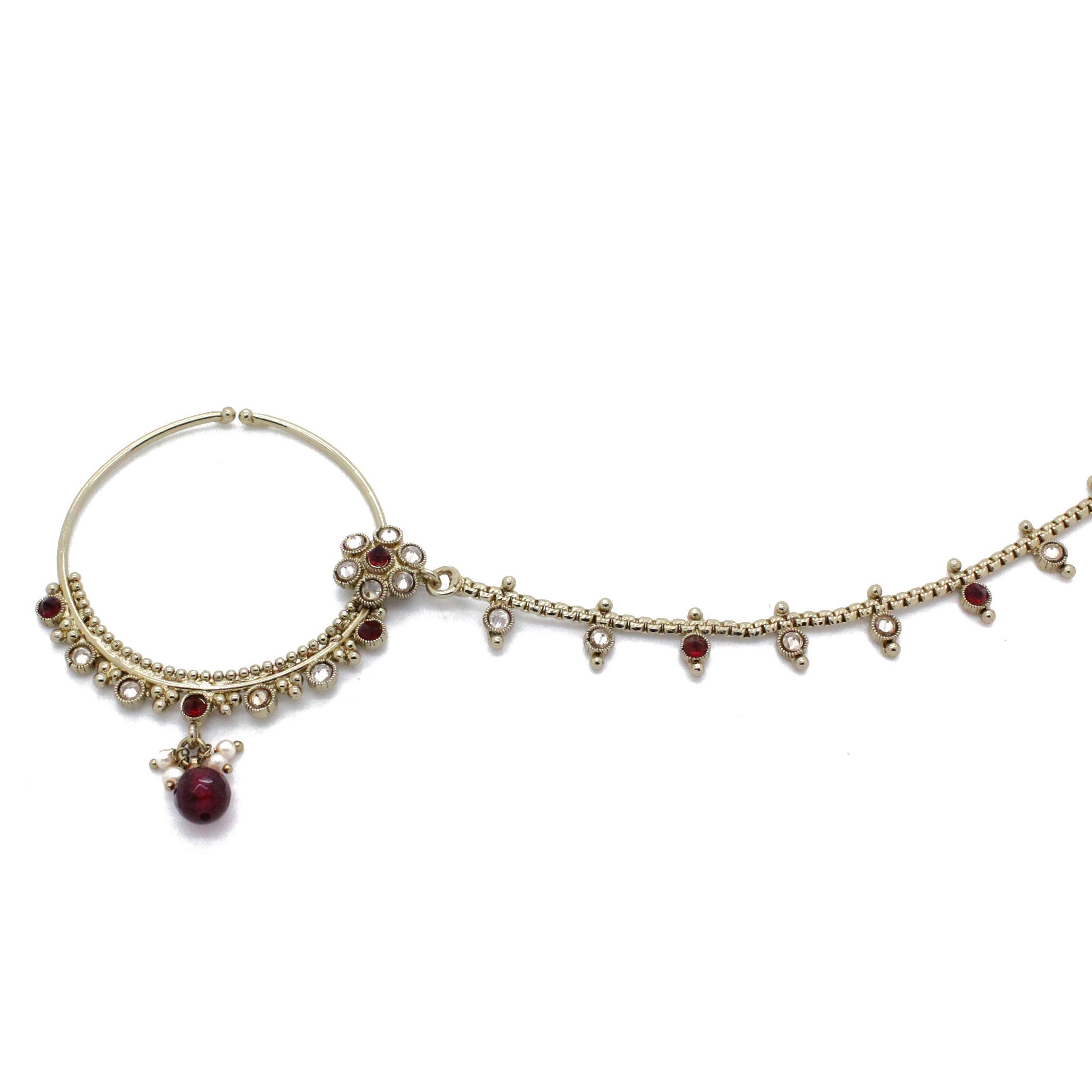 Maroon Antique Gold Indian Polki Nose Chain Nath 